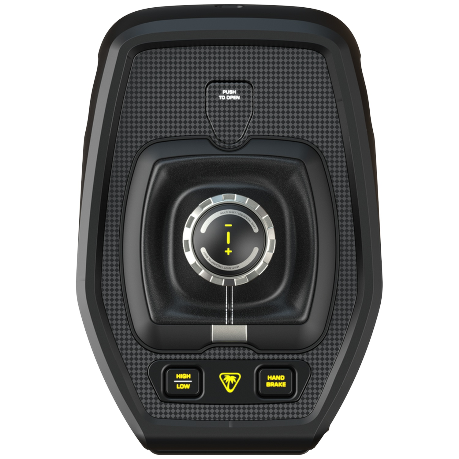 Black control panel with gear selector, push-to-open cover, and yellow-lit buttons for high/low and handbrake.