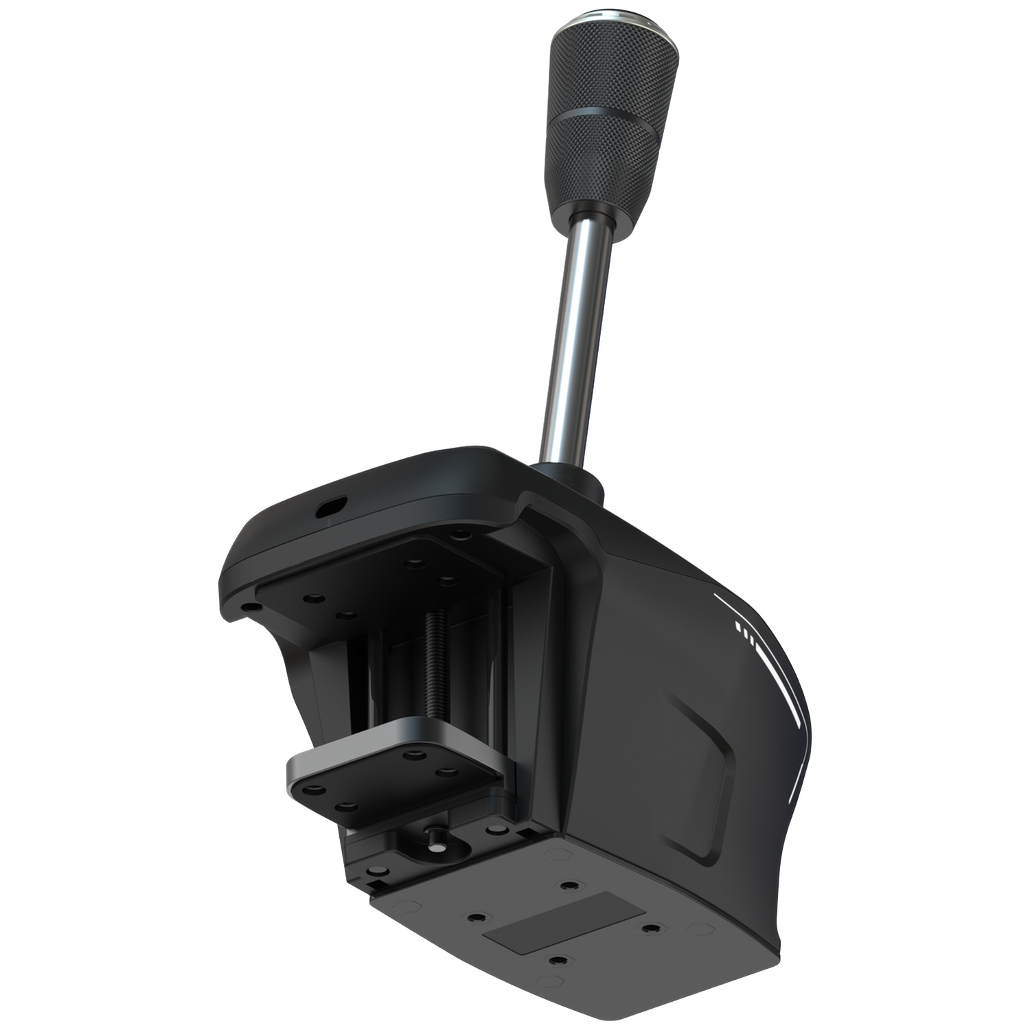 A black gaming gear shifter with a silver shaft and a mounting clamp against a white background.