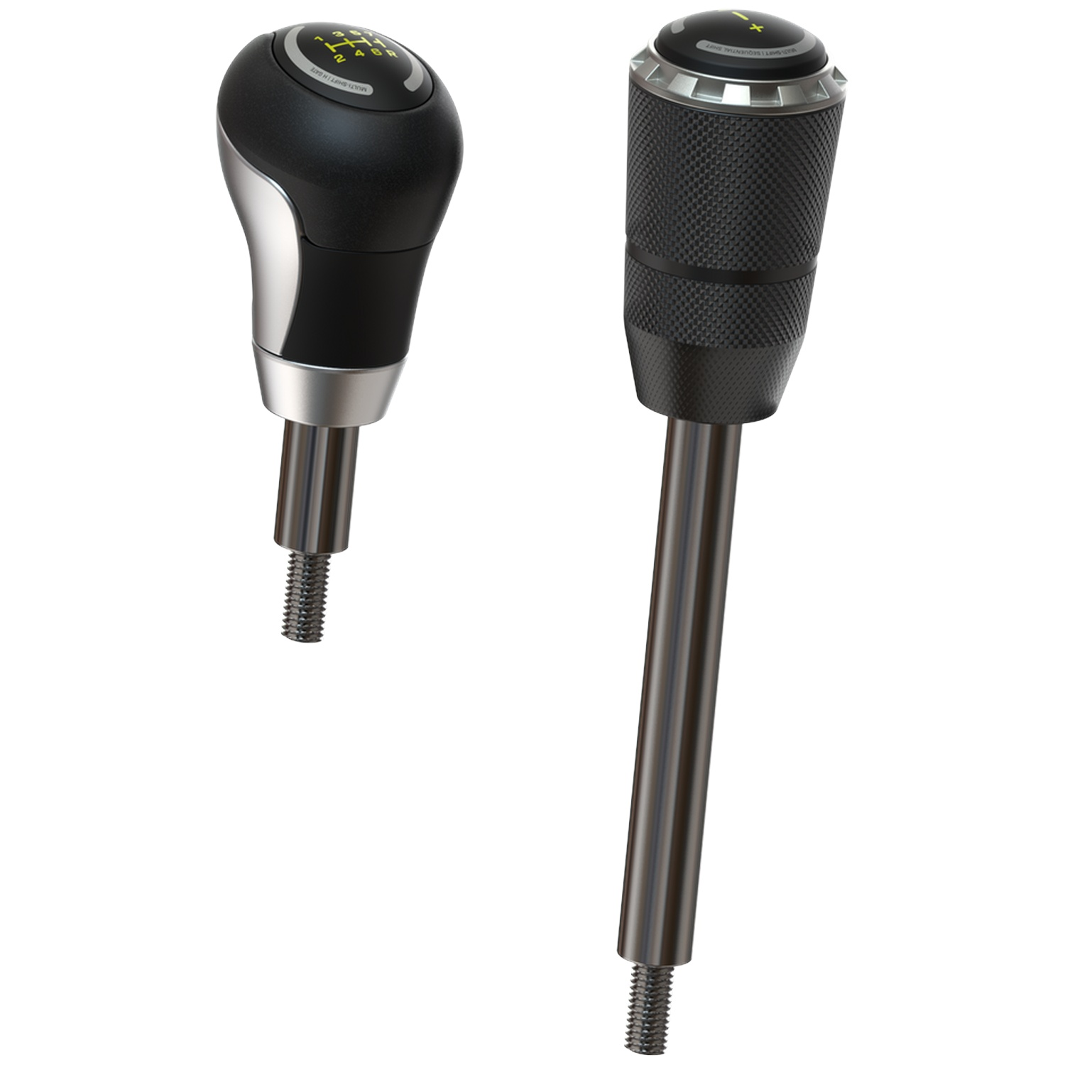 Two black gear shift knobs with silver accents against a white background.