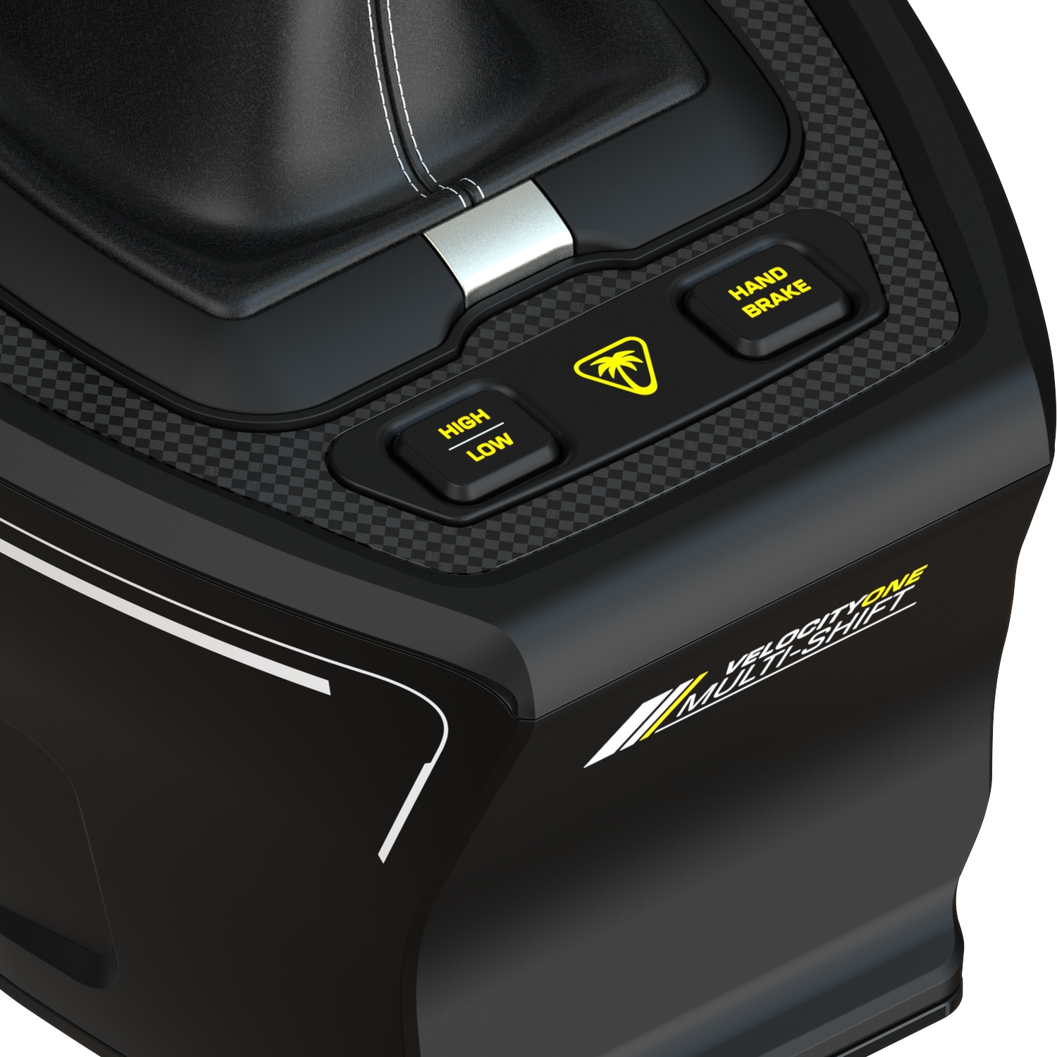 Black gear shifter with carbon pattern, high-low button, palm logo, and handbrake button with yellow text.