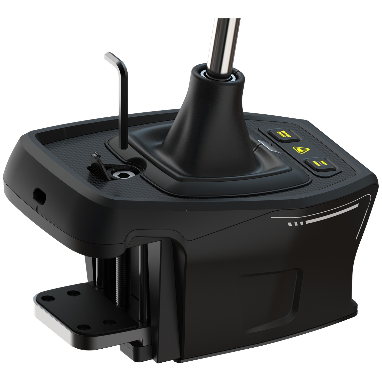 A black gaming gear shifter with a metal lever, integrated buttons, and clamp mechanism on a white background.