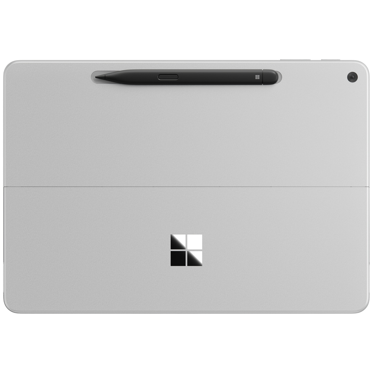 Een zilveren Microsoft Surface-tablet met een zwarte stylus en een glanzend logo op de achterkant.