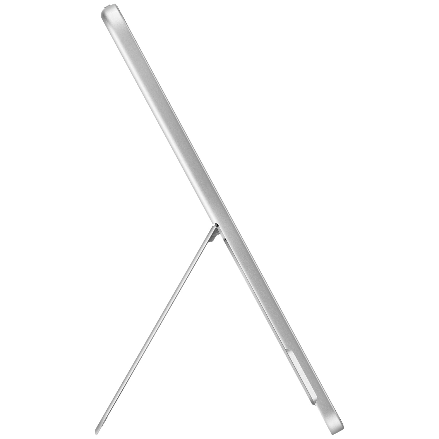 Zijaanzicht van een zilveren tablet met open standaard op een witte achtergrond.