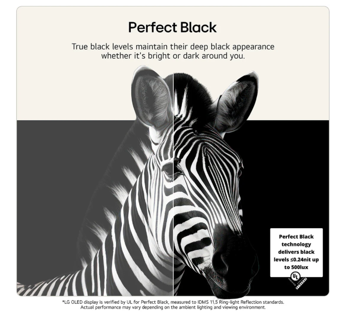 Bir zebra başı, net kontrastla Perfect Black teknolojisini gösteriyor.