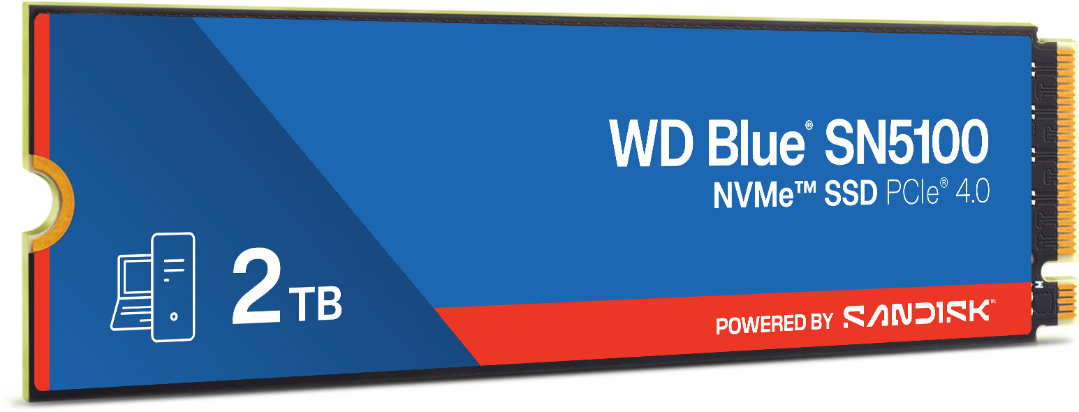 Dysk SSD NVMe PCIe 4.0 WD Blue SN5100 2TB z niebiesko-czerwoną etykietą, napisem 2TB i SanDisk.