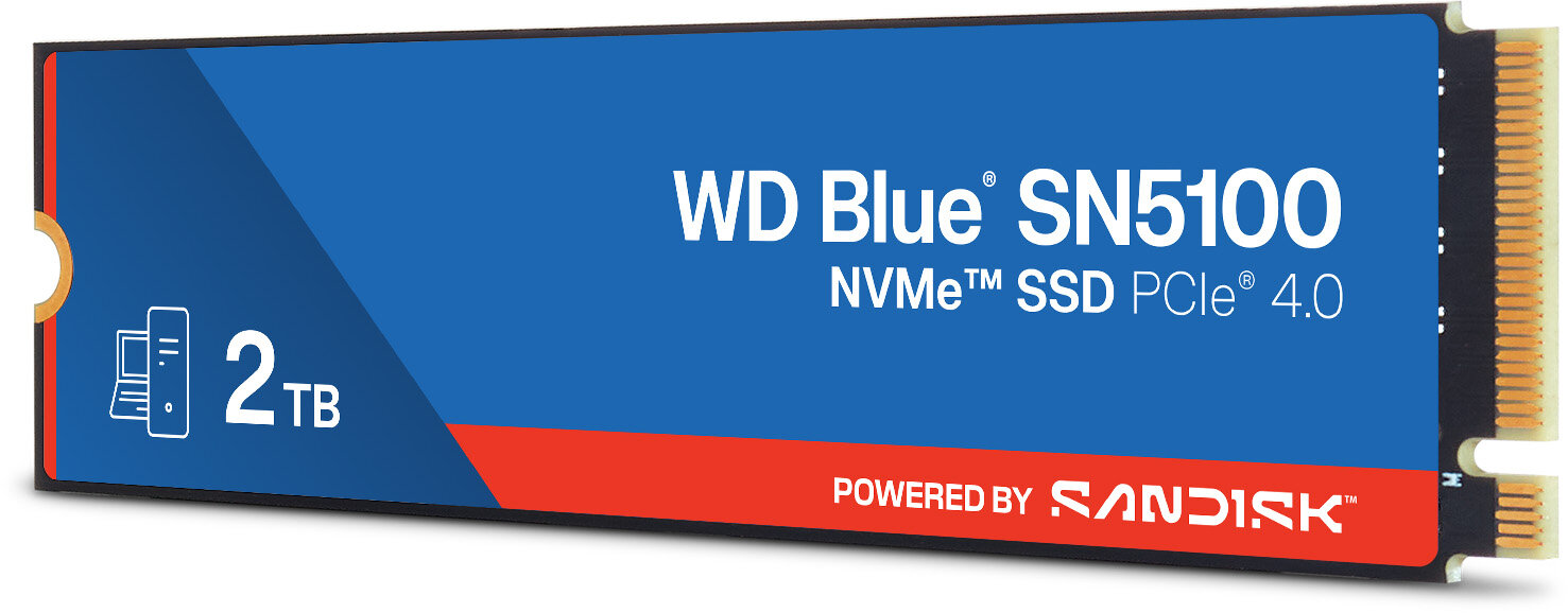 Niebieski dysk SSD NVMe WD Blue SN5100 o pojemności 2 TB z białym tekstem i czerwonym logo Sandisk na białym tle.
