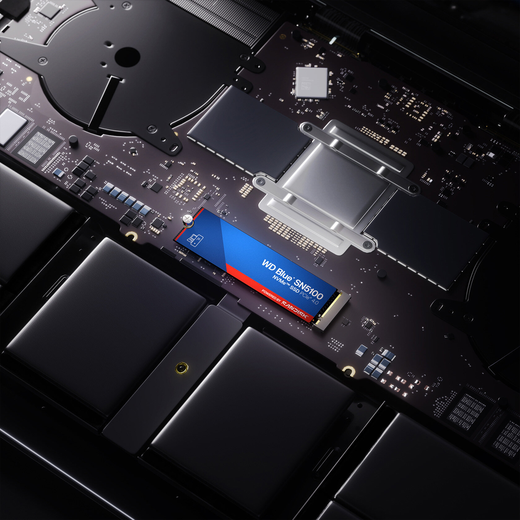 Niebiesko-czerwony dysk WD Blue SN5100 NVMe SSD jest zainstalowany na czarnej płytce drukowanej.