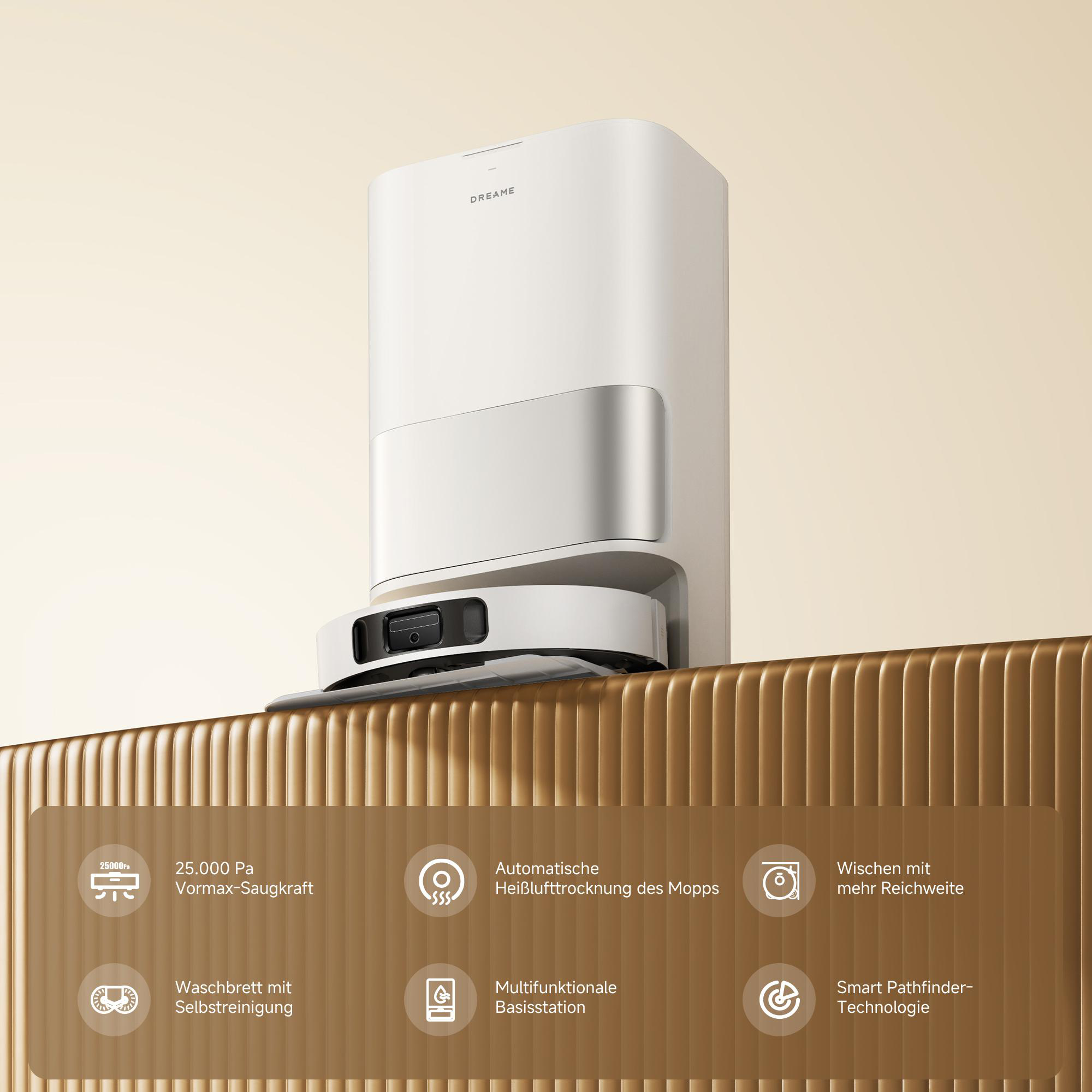 Weisse Dreame-Basisstation mit Saugroboter auf goldenem Hintergrund und Funktions-Icons.