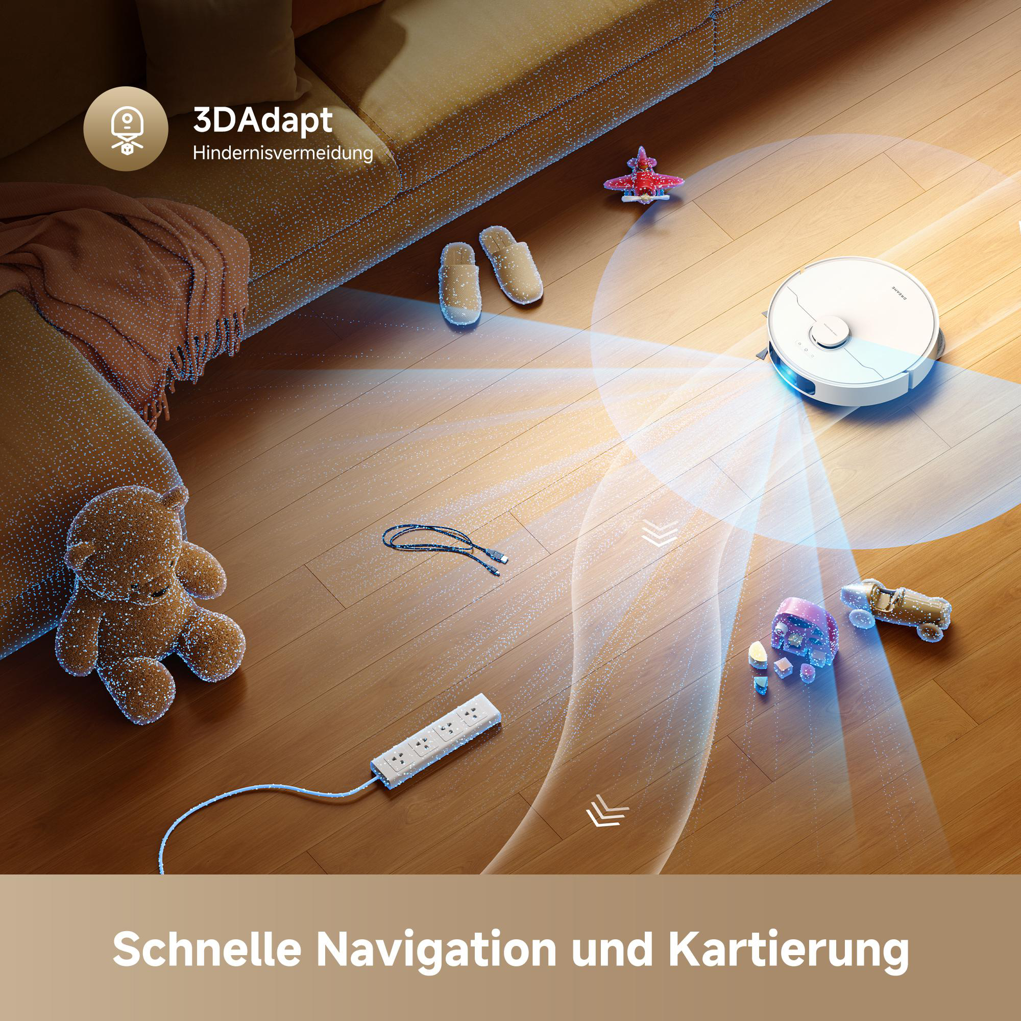 Ein Saugroboter navigiert auf einem Holzboden um Hindernisse wie Spielzeug und Kabel herum.