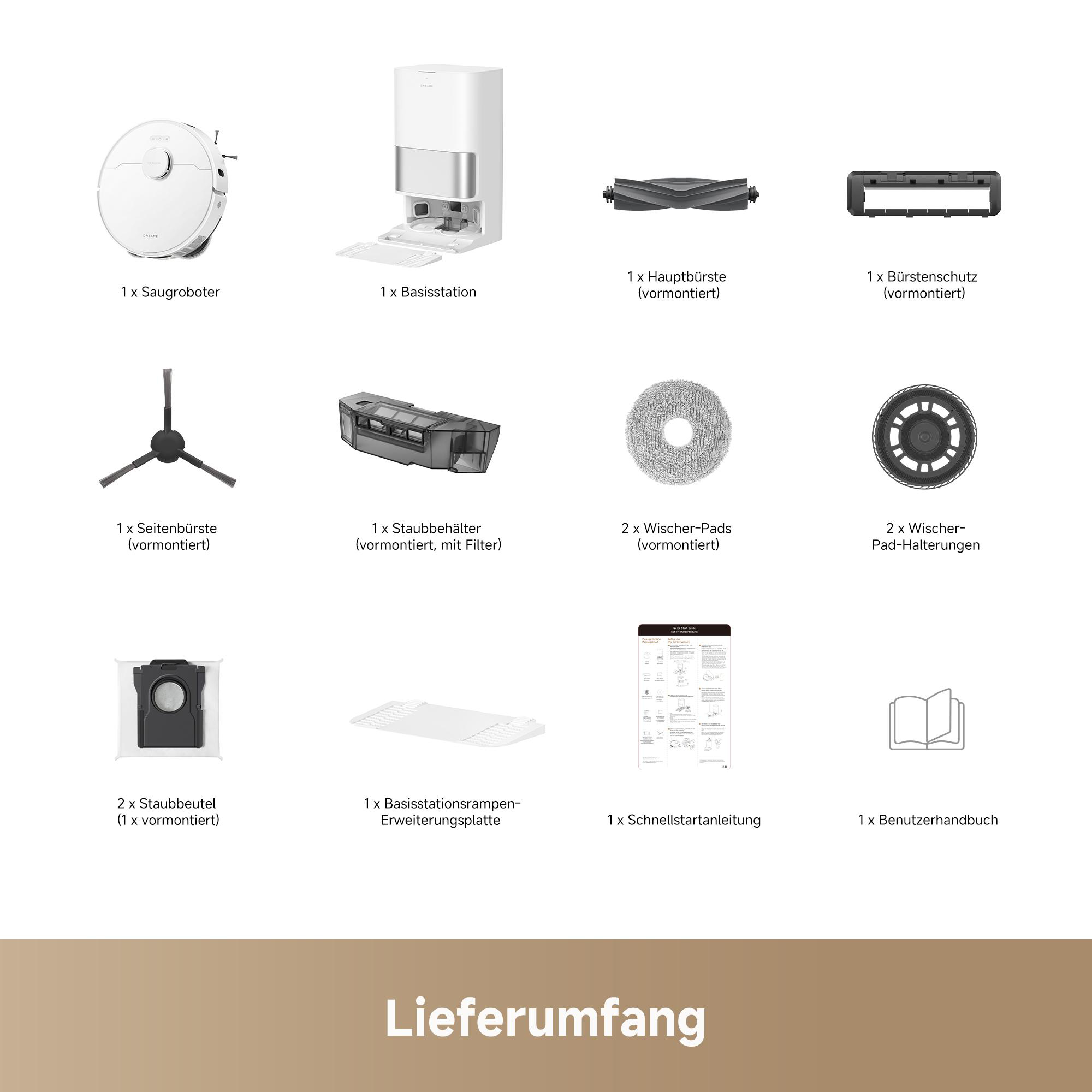 Übersicht des Lieferumfangs eines Saugroboters mit Basisstation, Bürsten, Filtern, Wischerpads und Zubehör.