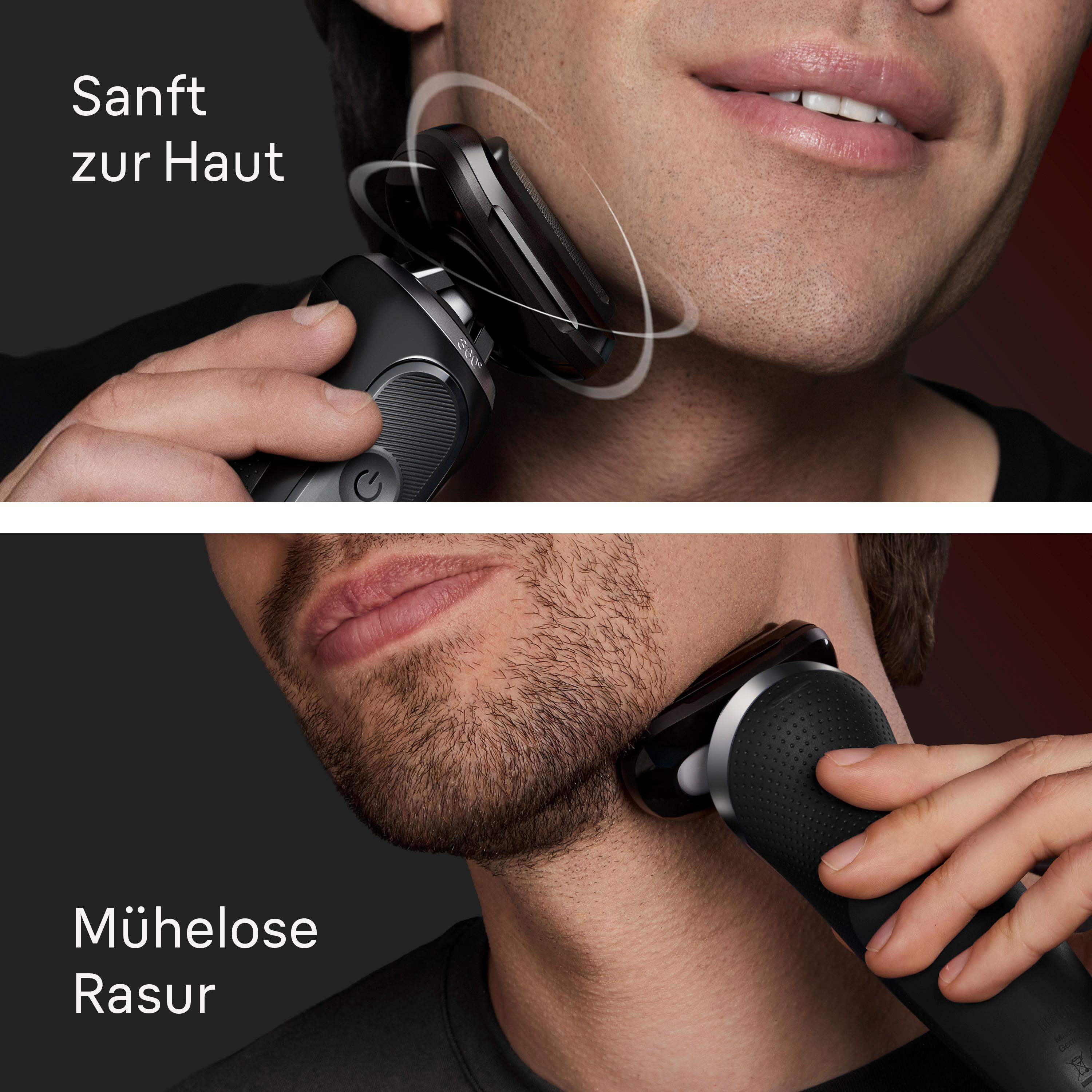 Ein Mann rasiert sich sanft und mühelos mit einem schwarzen Elektrorasierer im Gesicht und am Hals.