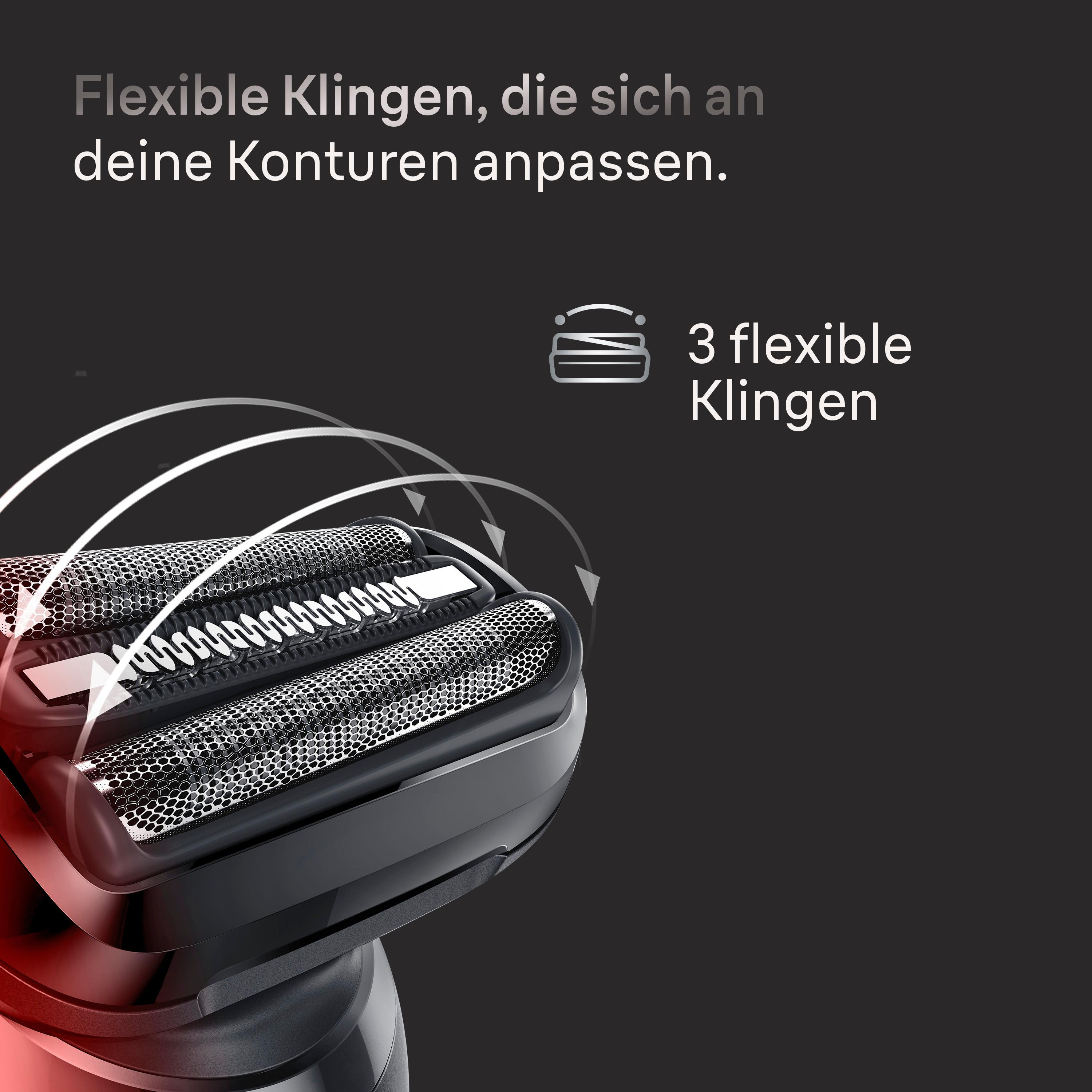 Nahaufnahme eines Rasiererkopfs mit drei flexiblen Klingen und Text.
