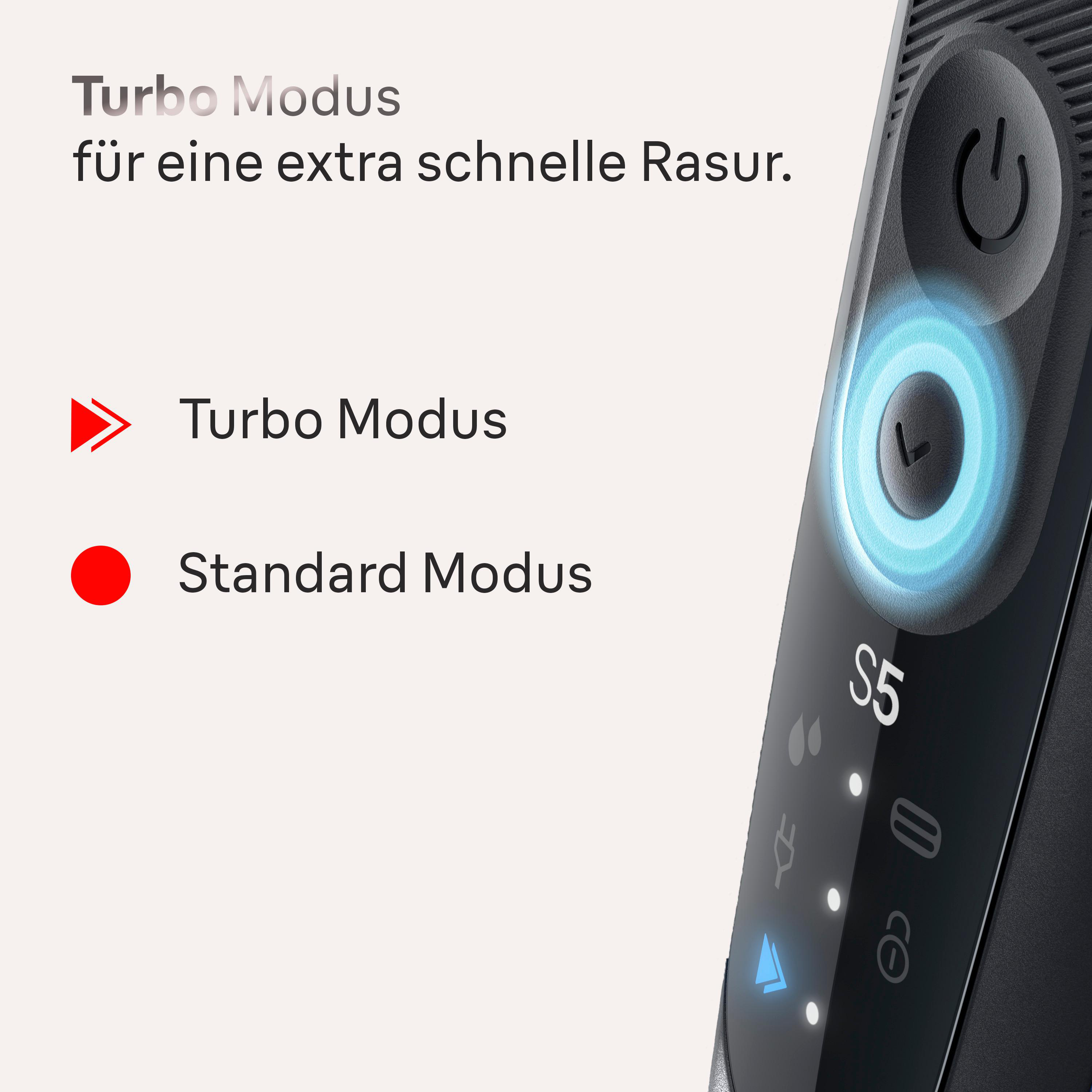 Close-up eines Rasierers mit Turbo-Modus und Kontrollleuchten, Text auf Deutsch.