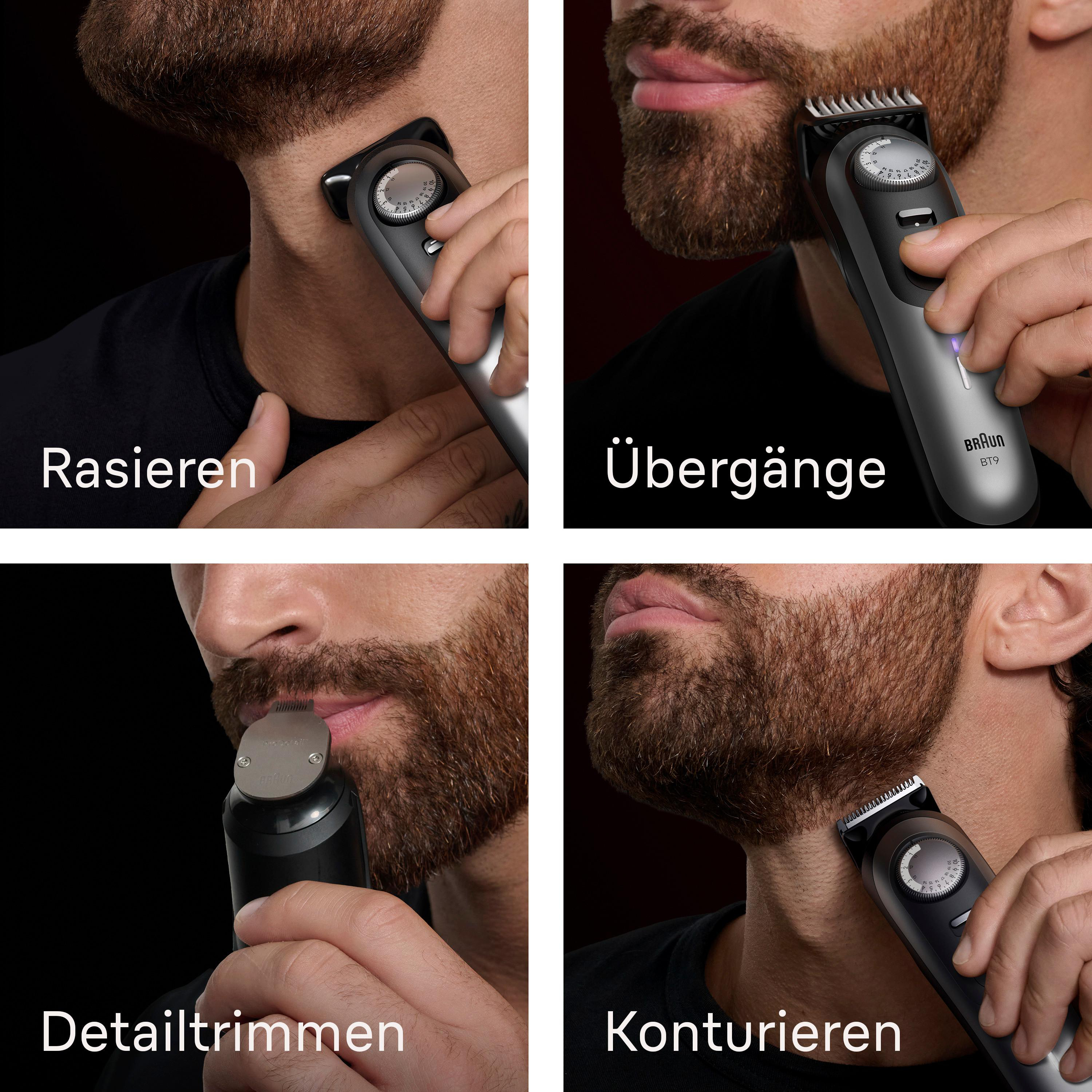 Vier Bilder zeigen die Anwendung eines Braun Bartschneiders: Rasieren, Übergänge, Detailtrimmen und Konturieren.