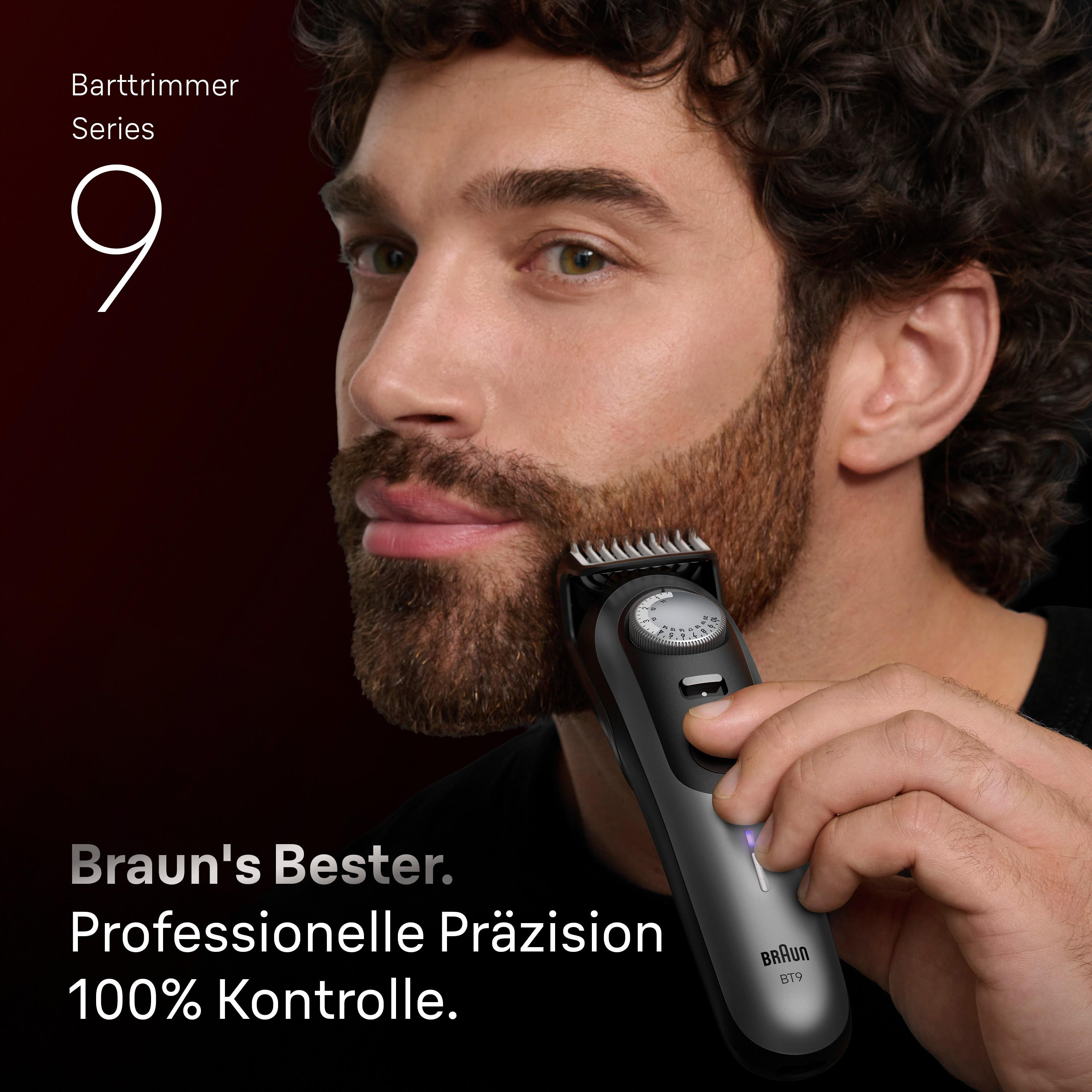 Ein Mann mit Bart rasiert sich im Gesicht mit einem schwarzen Braun Barttrimmer Series 9.