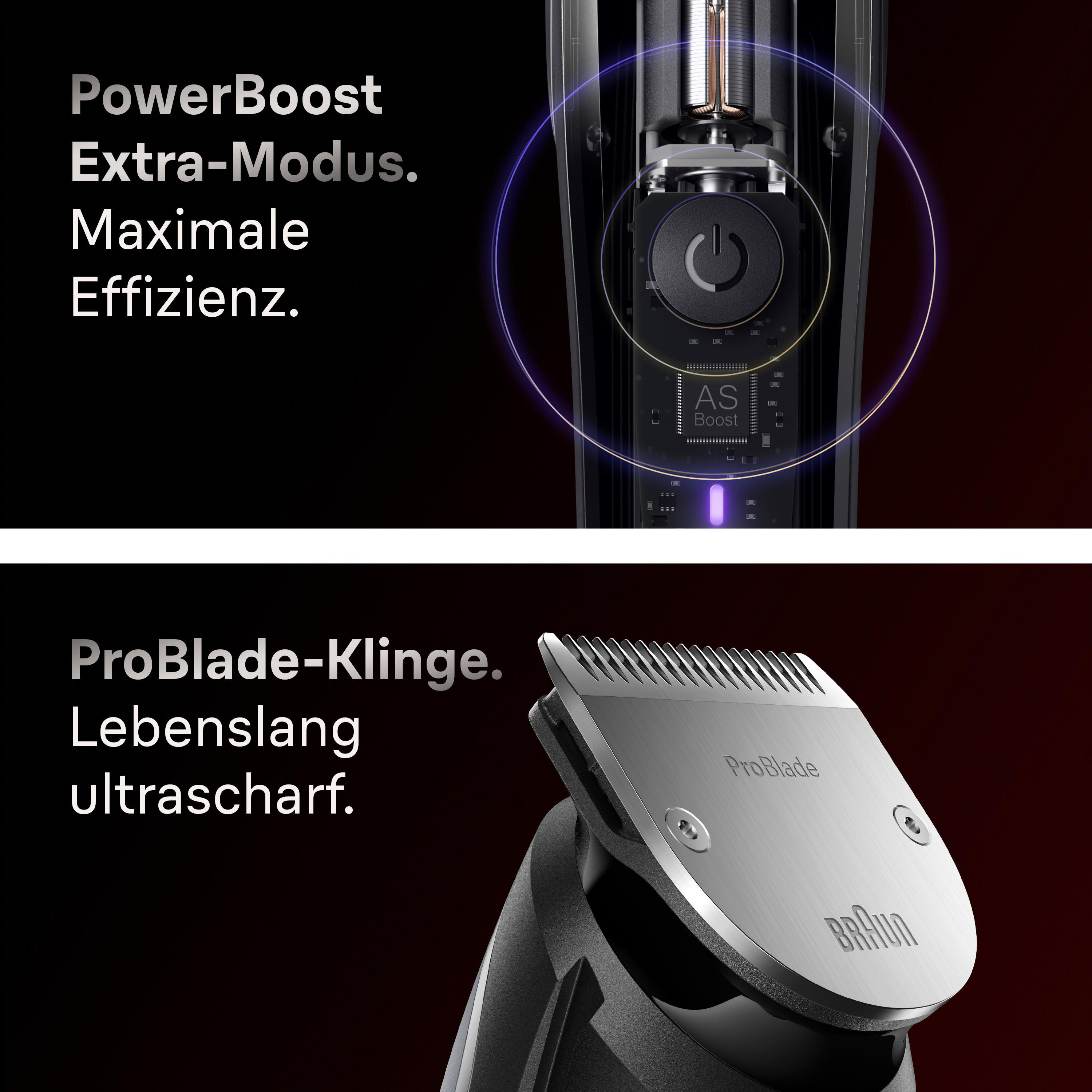 Technische Ansicht eines Trimmers mit PowerBoost-Modus und ProBlade-Klinge.
