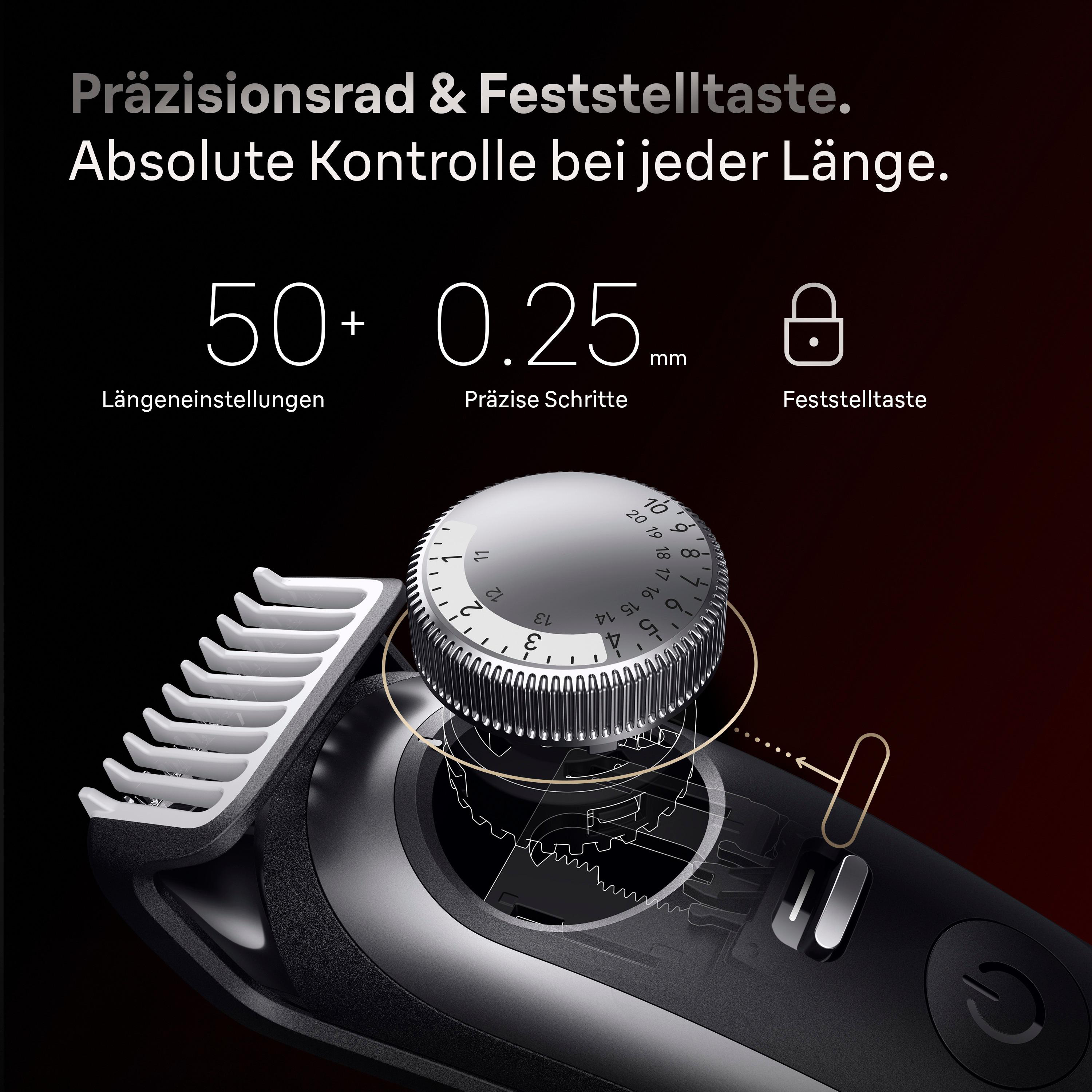 Präzisionsrad und Feststelltaste eines Haarschneiders mit Längeneinstellungen und Funktionsgrafiken.