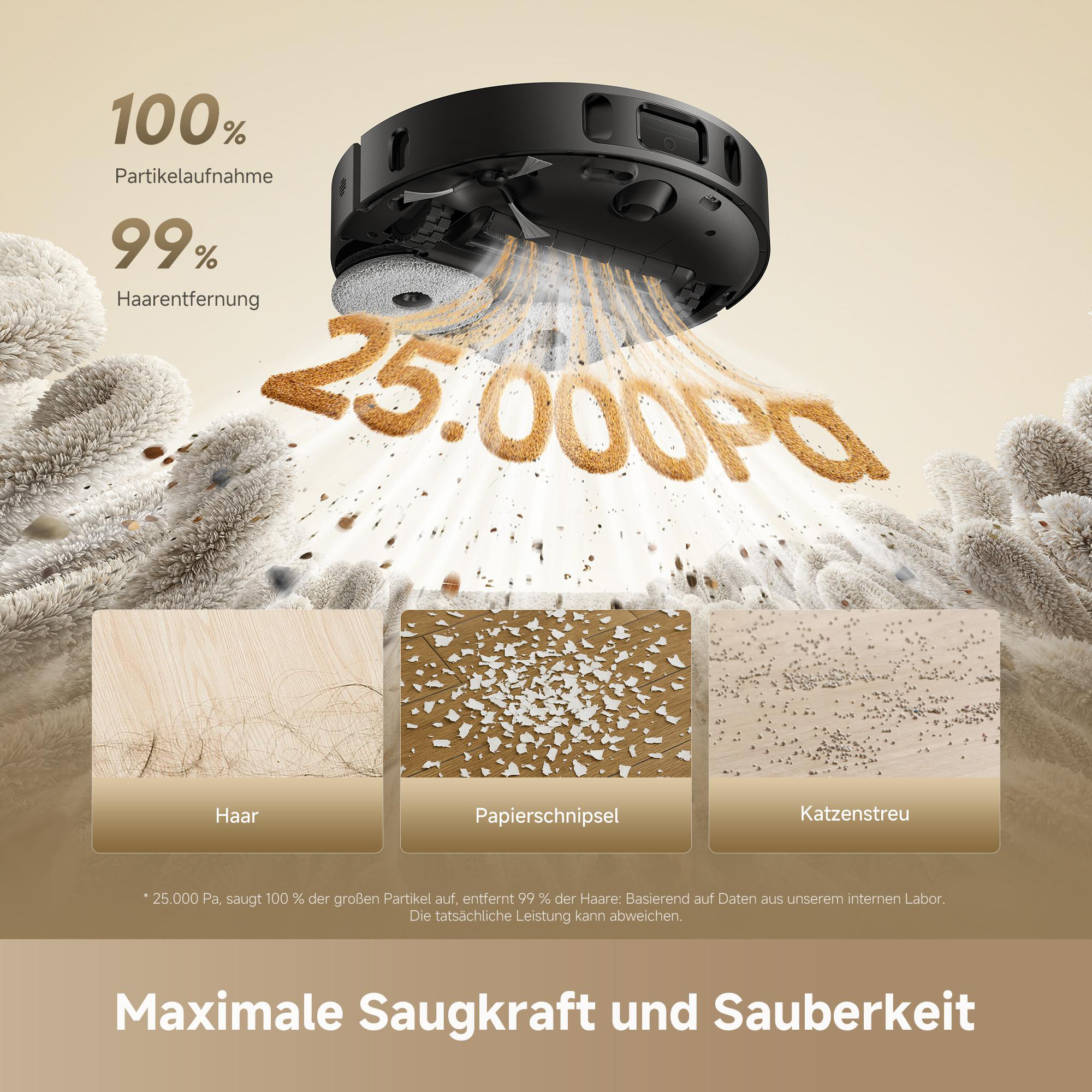 Ein schwarzer Saugroboter saugt Haare, Papierschnipsel und Katzenstreu ein.