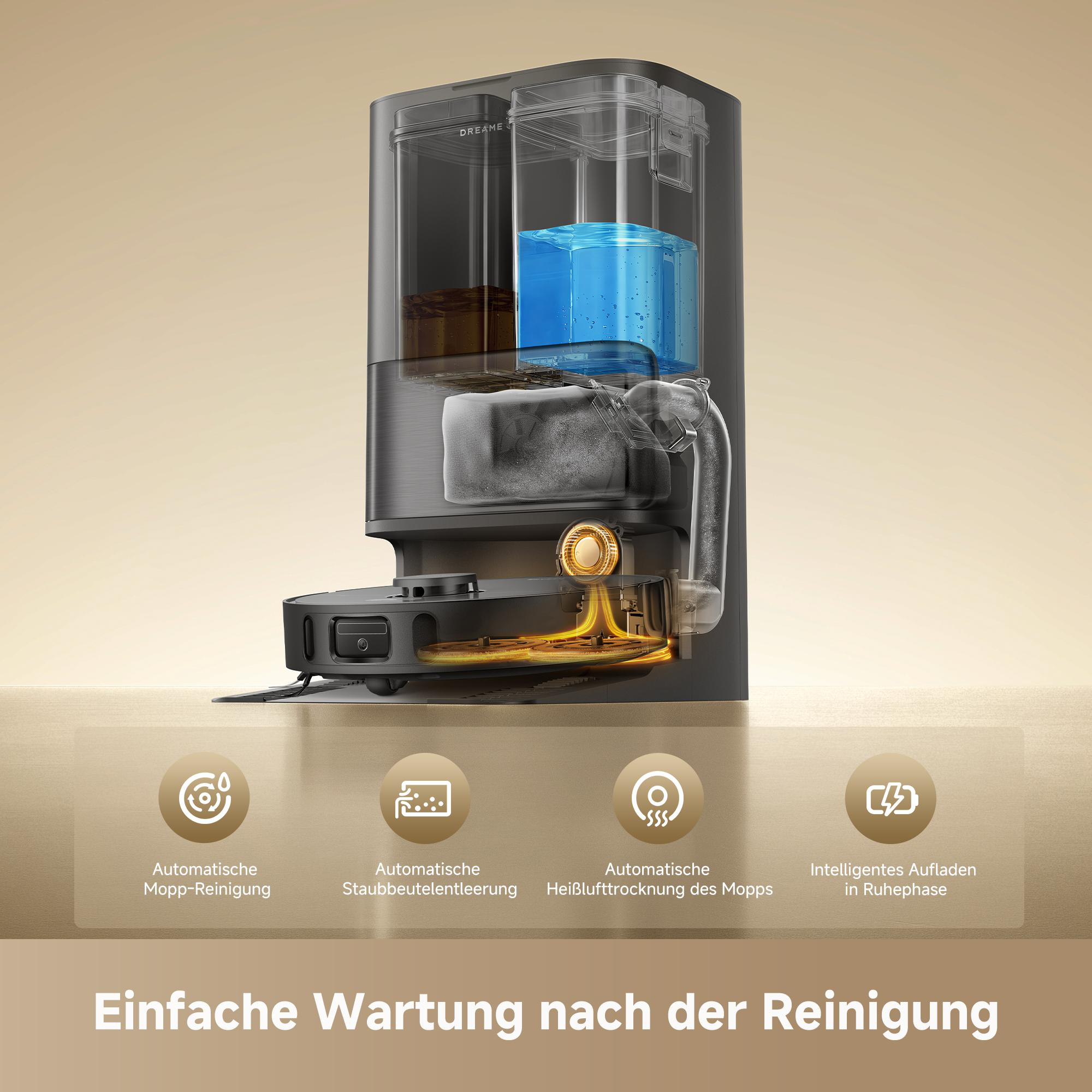 Schnittbild einer grauen Roboterstaubsaugerstation mit Wassertanks, Staubbeutel und Reinigungselementen.