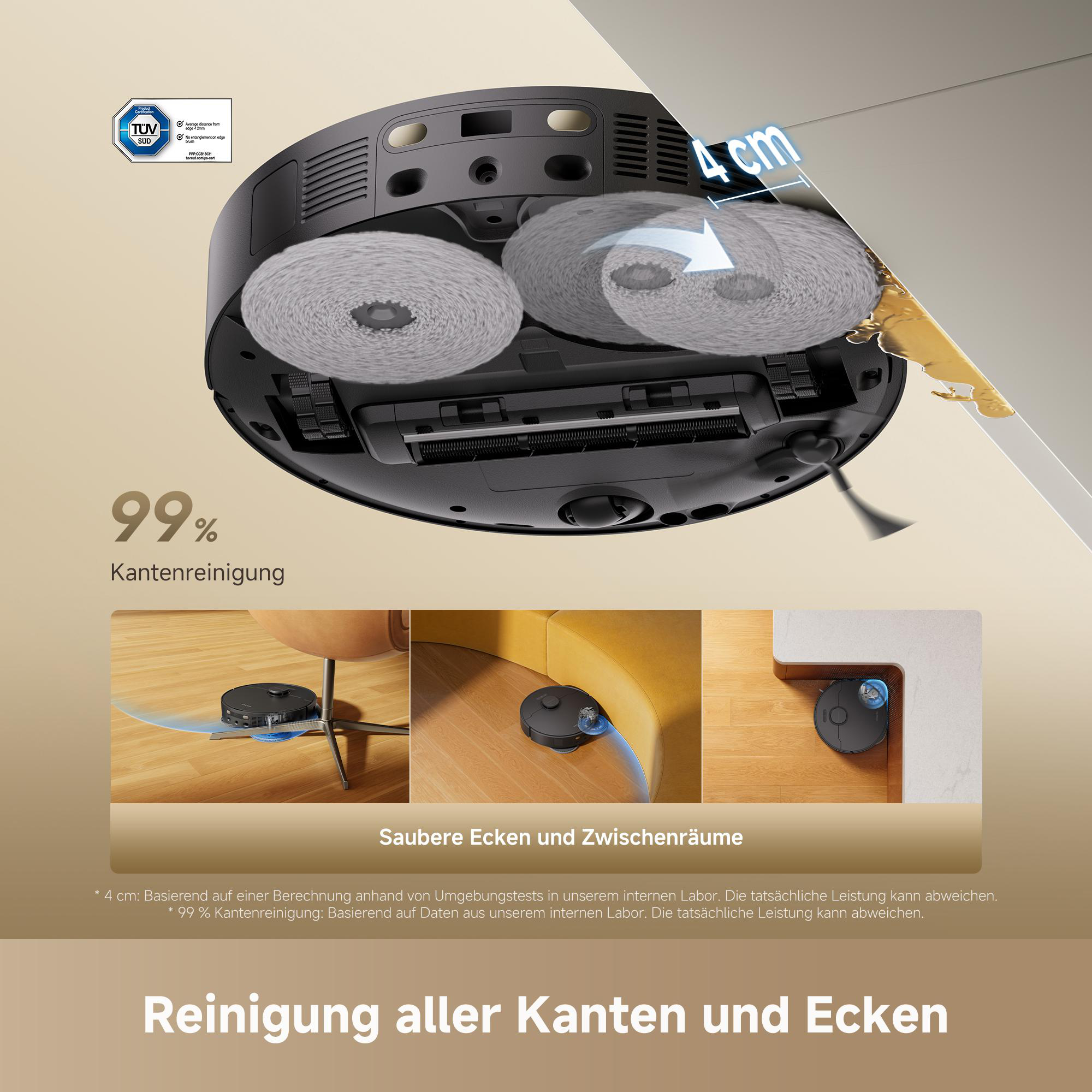 Schwarzer Saugroboter mit ausfahrbaren Wischmopps zur Kantenreinigung in Ecken und unter Möbeln.