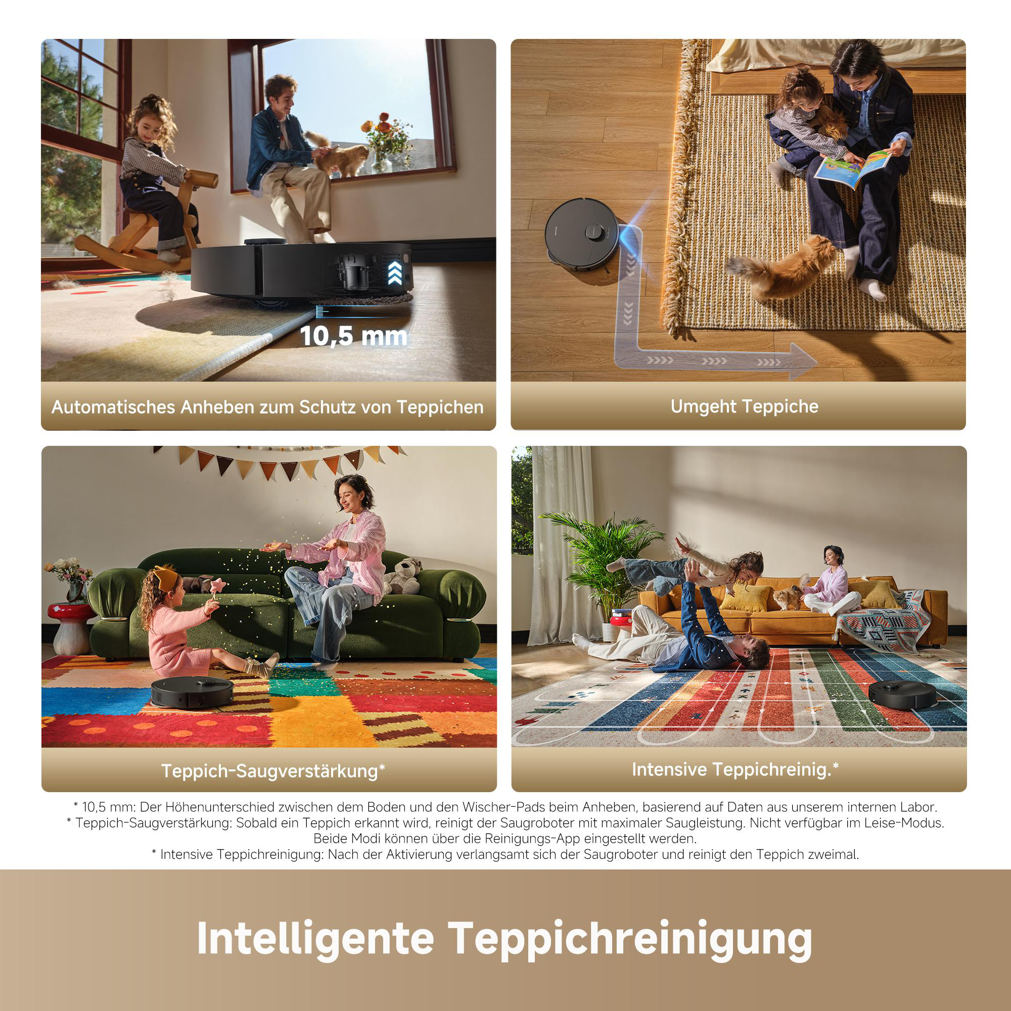 Vier Bilder zeigen smarte Teppichreinigungsfunktionen eines Saugroboters in verschiedenen Wohnszenen.