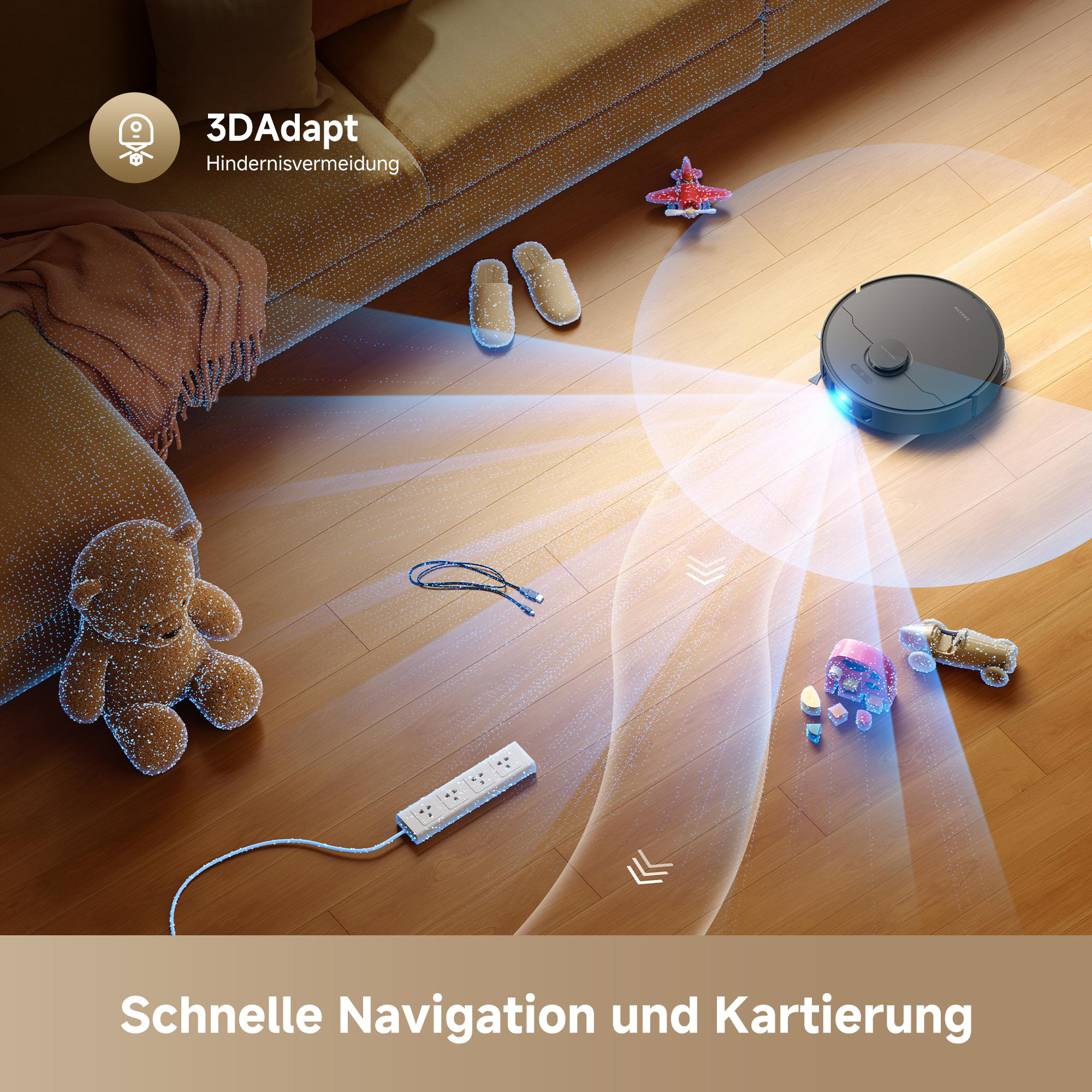 Ein Saugroboter navigiert um Spielzeug und Hindernisse auf einem Holzboden.