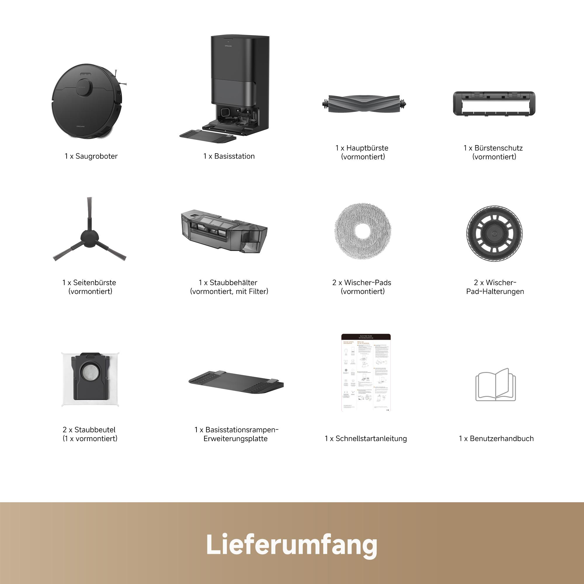 Lieferumfang des Saugroboters mit Basisstation, Bürsten, Mop-Pads, Filtern, Beuteln und Handbüchern.
