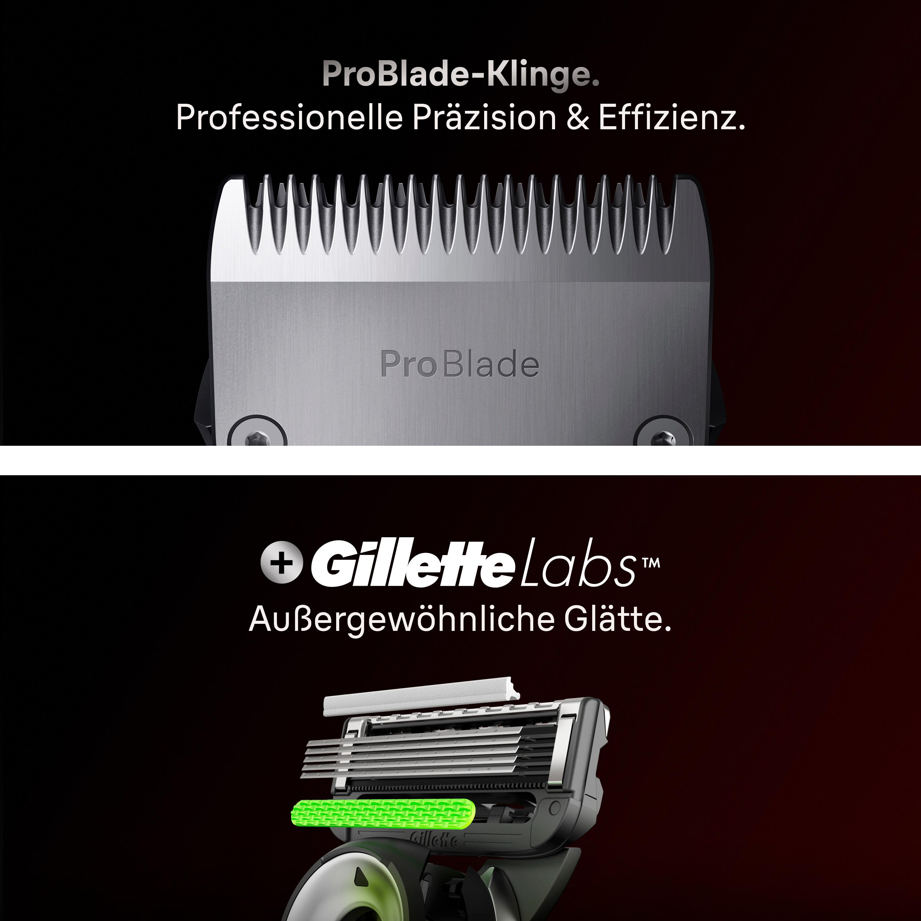 Nahaufnahme einer Gillette ProBlade Klinge und des GilletteLabs Rasierers auf dunkelrotem Hintergrund.