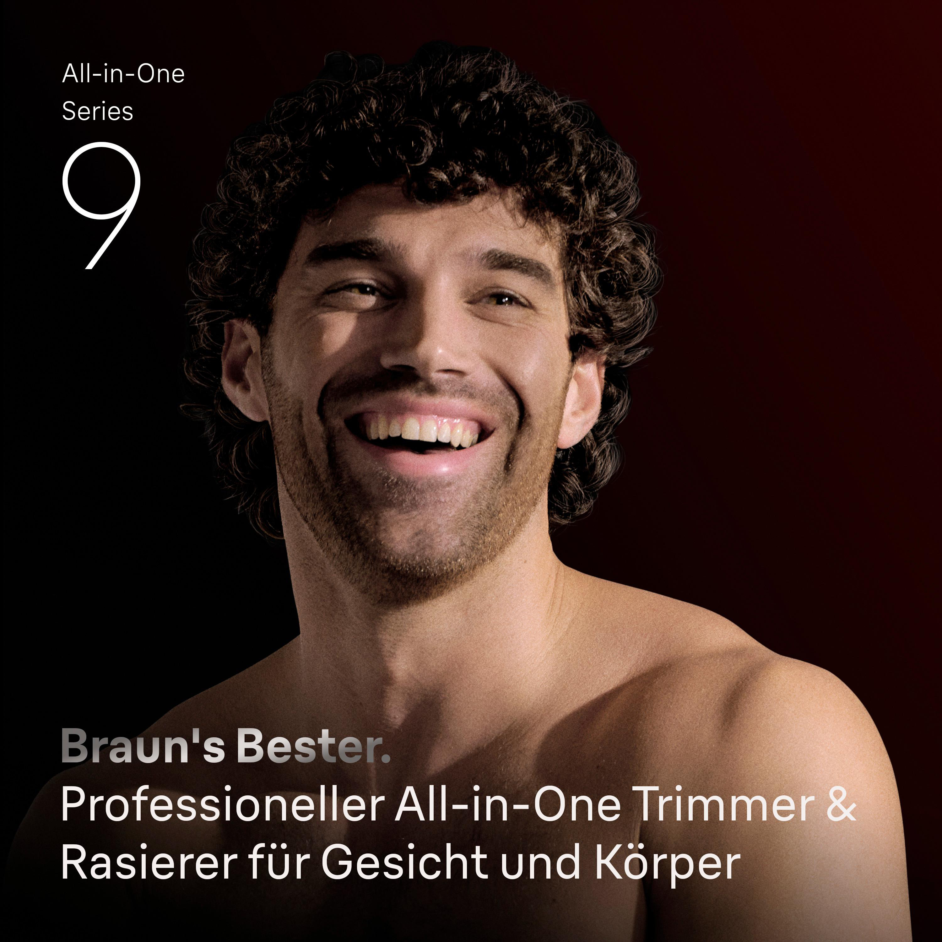 Ein lächelnder Mann mit dunklen Locken und Bart zeigt Zähne, im Hintergrund Text über Braun All-in-One Series 9.