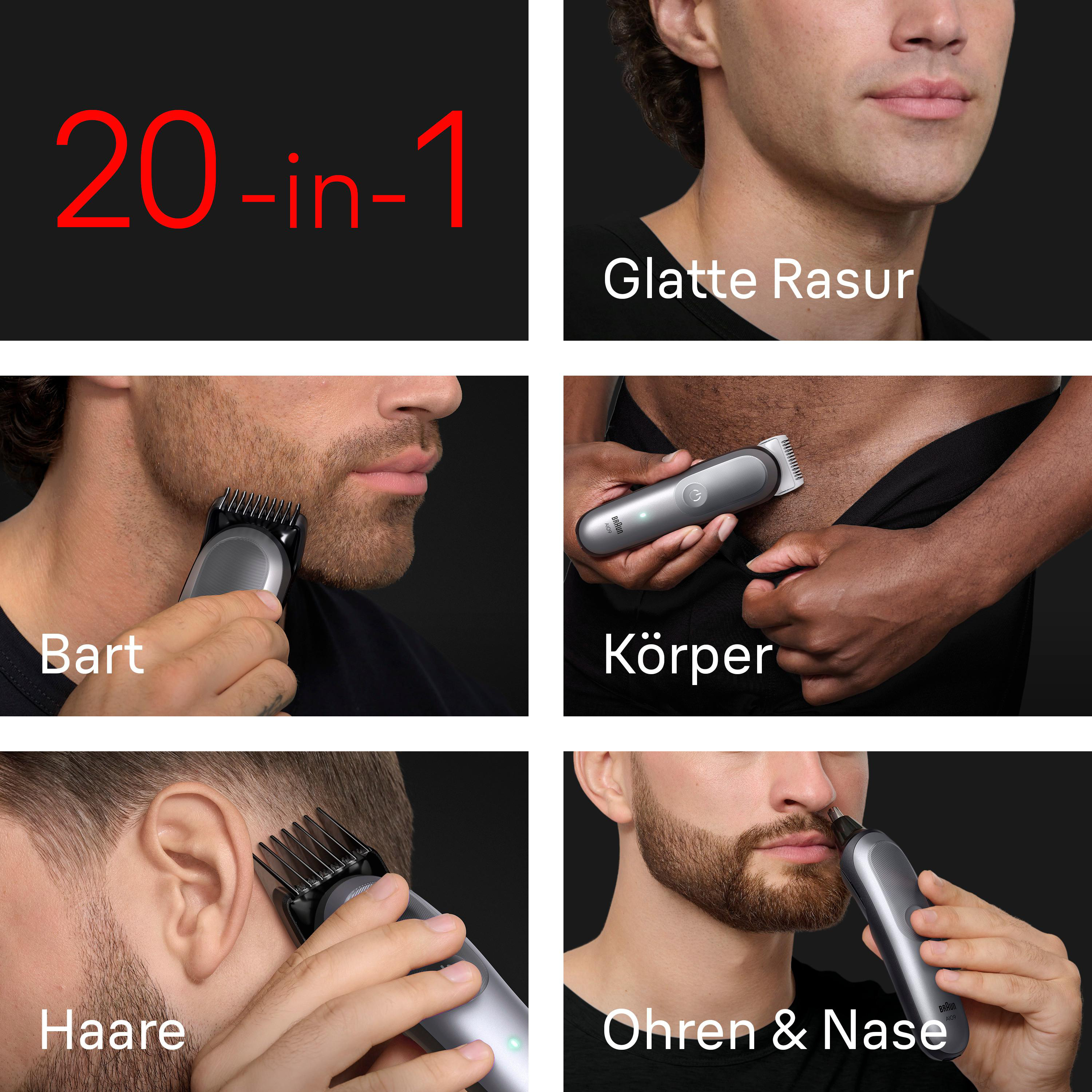Sechs Bilder zeigen einen 20-in-1-Trimmer für Glatteleistung, Bart, Körper, Haare sowie Ohren und Nase.