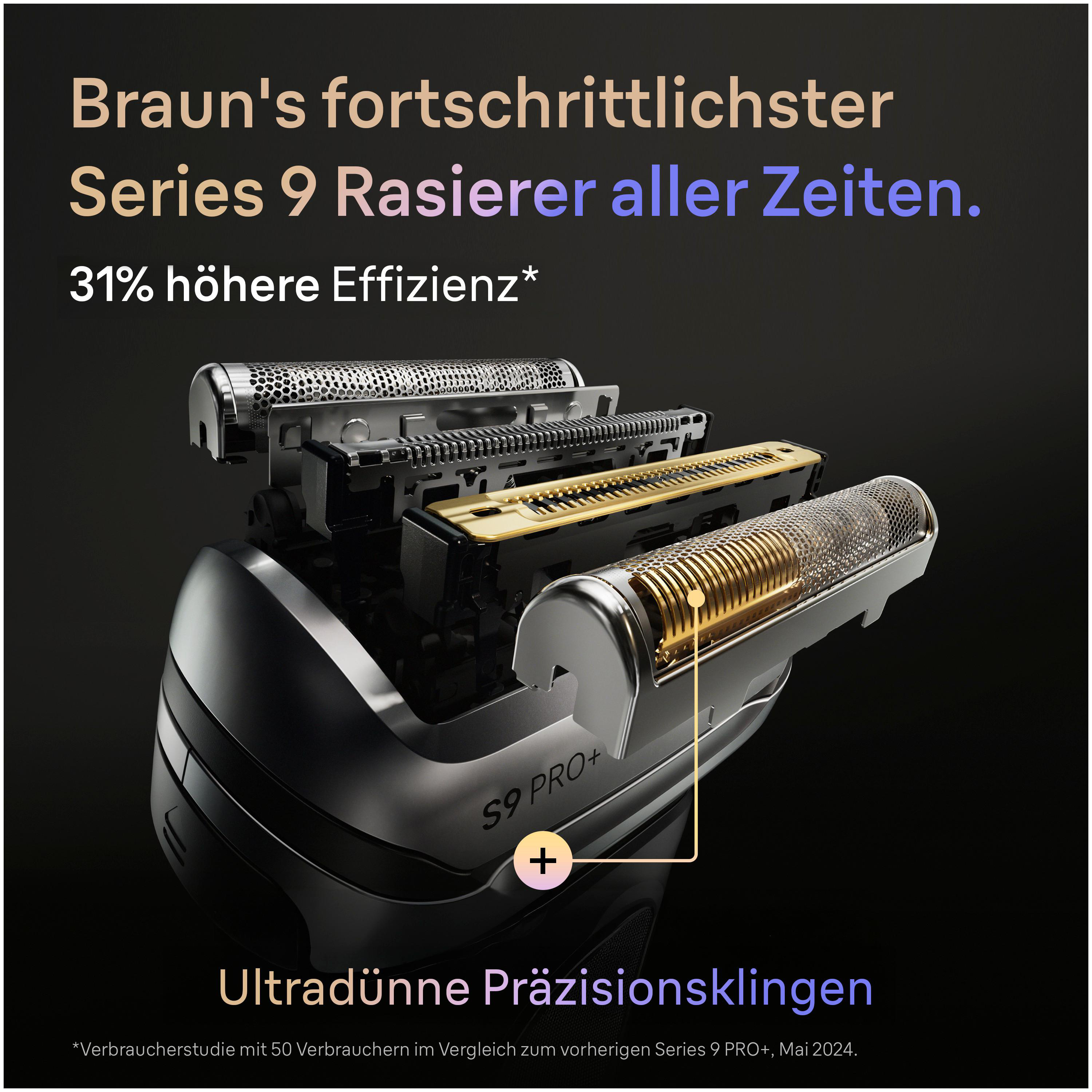 Detailansicht des Braun Series 9 Pro+ Scherkopfs mit abgetrennter Folie und goldfarbenen Schneidelementen.