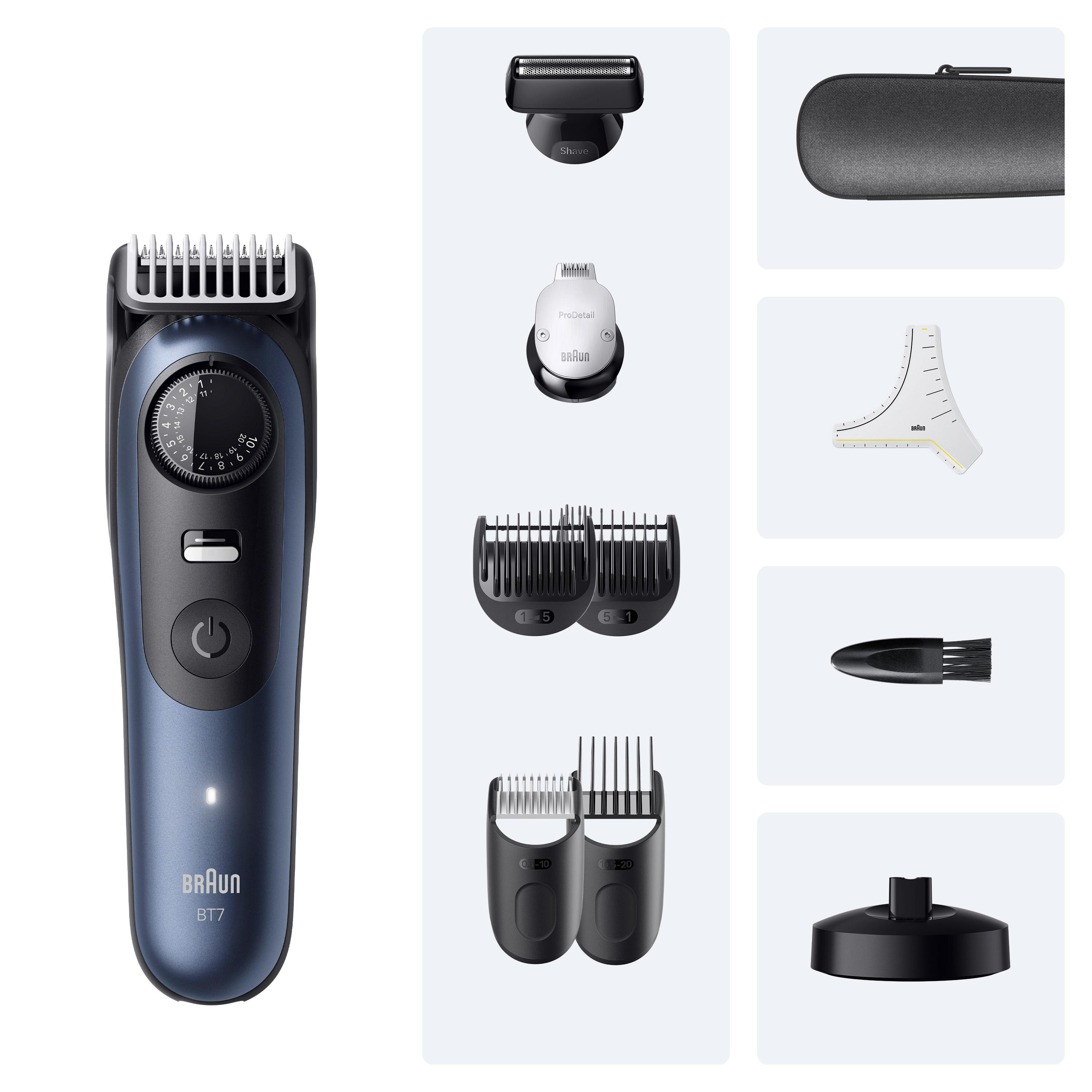 Braun Barttrimmer BT7 mit verschiedenen Aufsätzen, Scherköpfen und Zubehör auf hellem Hintergrund.