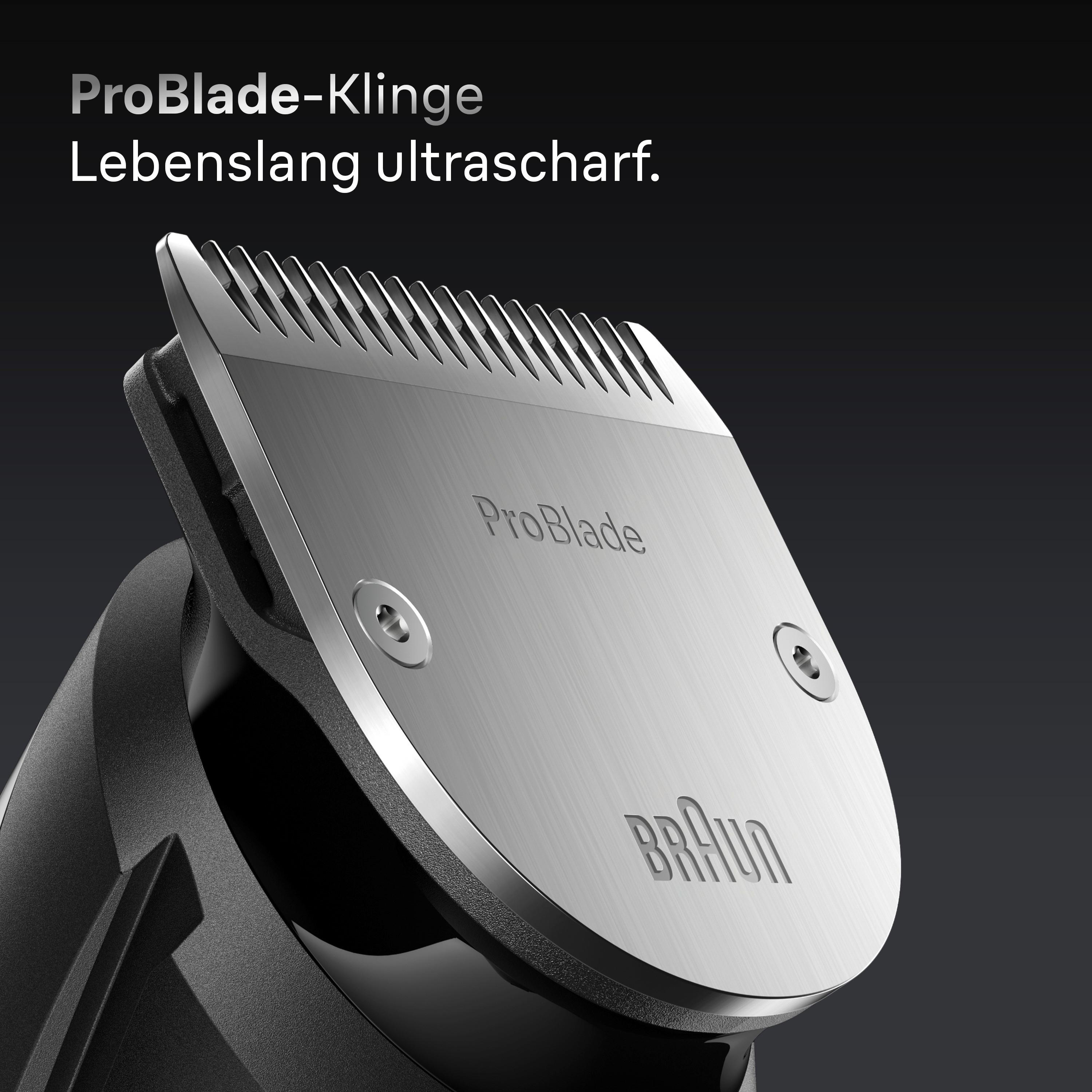 Nahaufnahme einer silbernen Braun ProBlade Schermaschine vor dunklem Hintergrund mit Text.