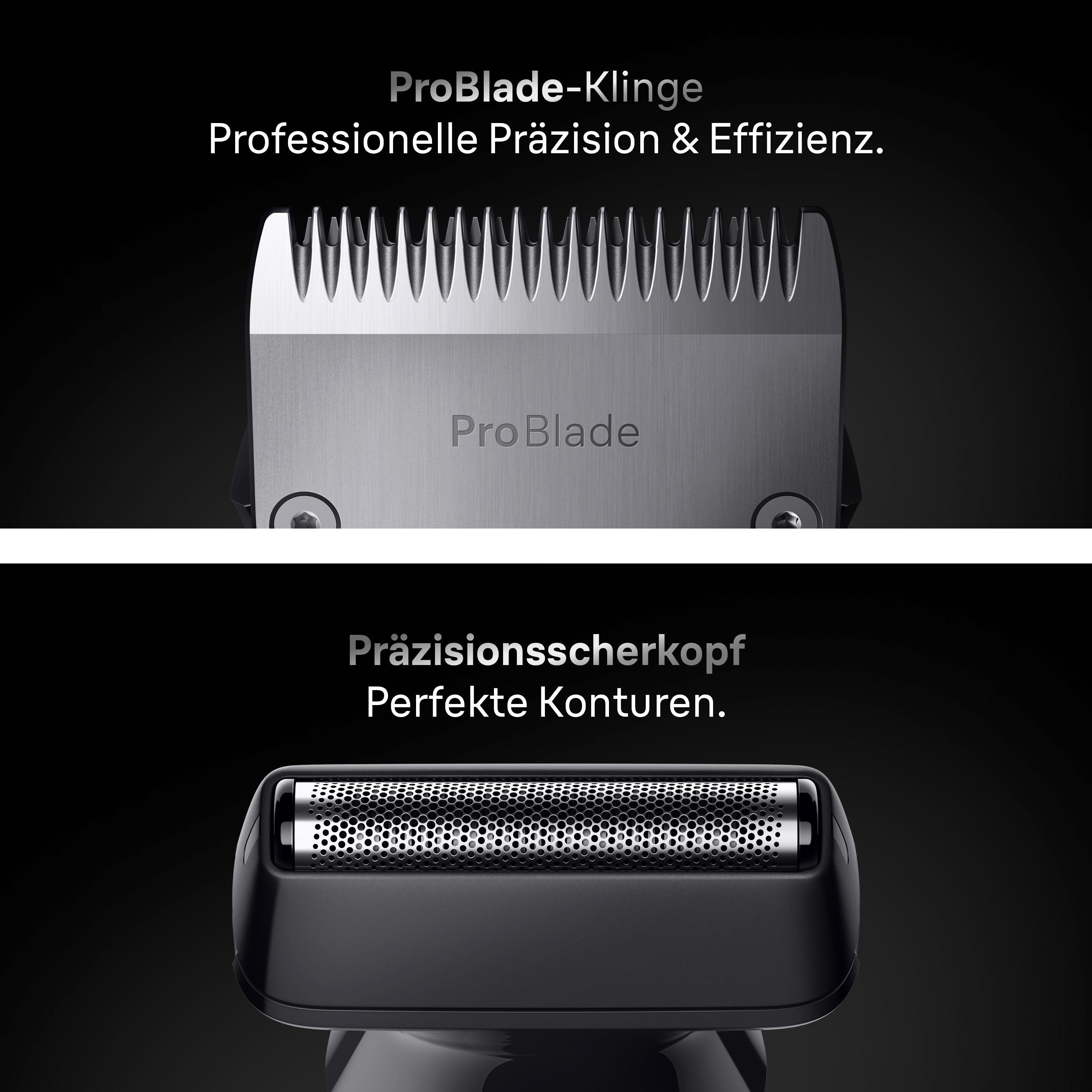 Nahaufnahme einer ProBlade-Klinge und eines Scherkopfs auf schwarzem Hintergrund mit Text.
