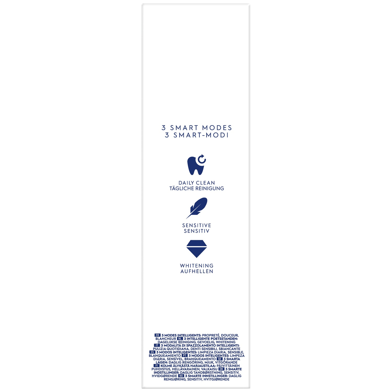 White packaging with blue icons and text for three smart toothbrush modes.