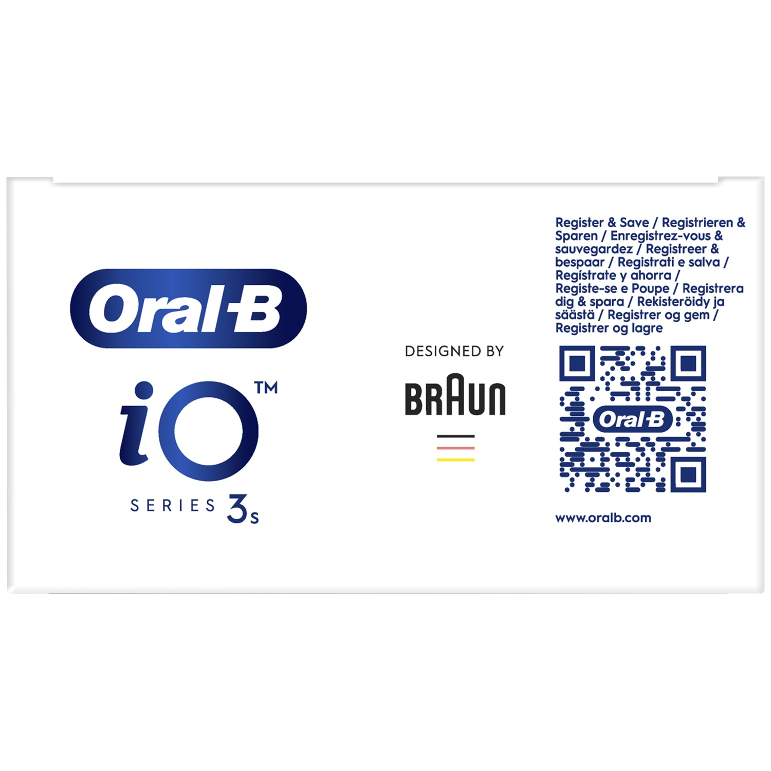 Oral-B iO Series 3s product packaging with Braun logo and QR code.