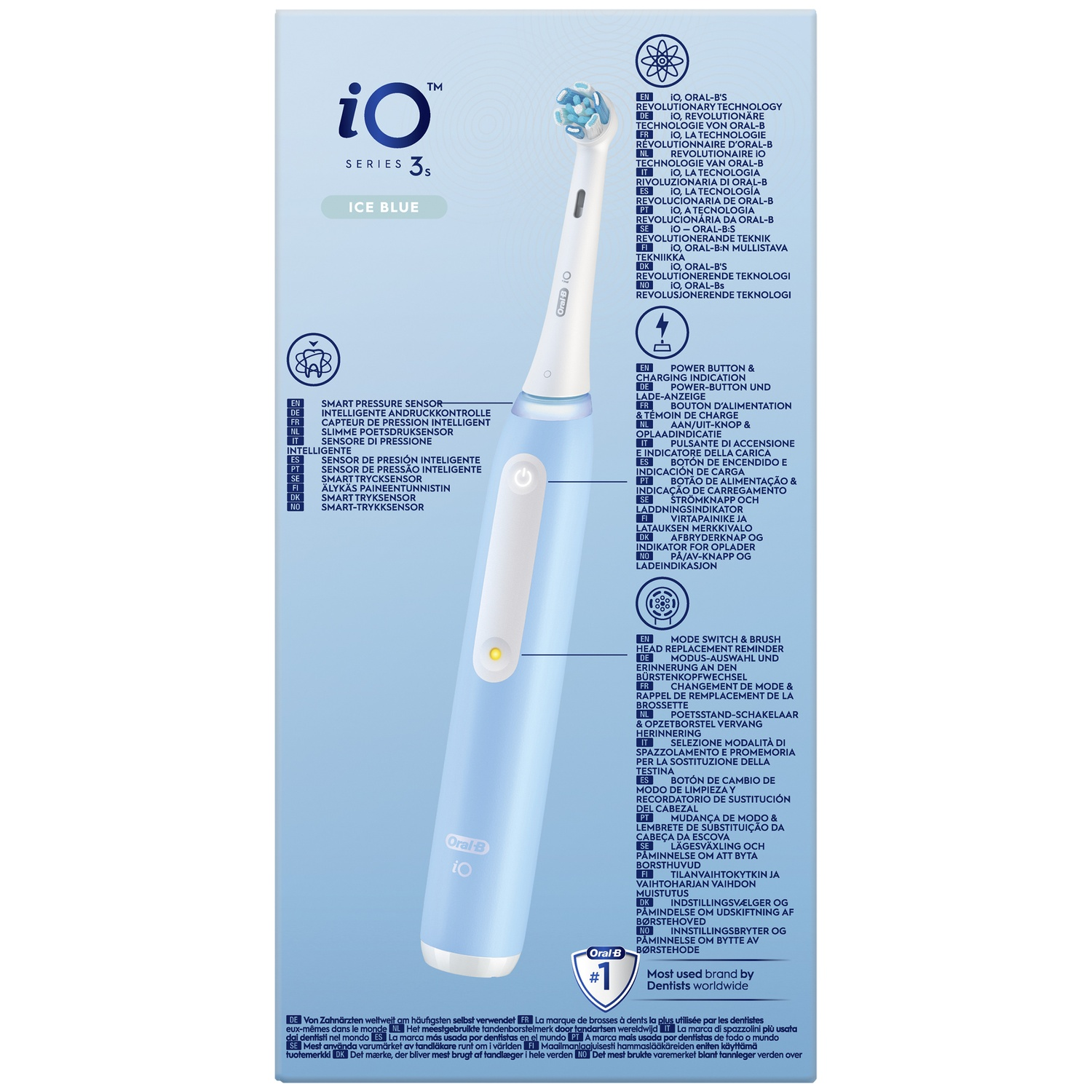 Packaging of the blue Oral-B iO Series 3s toothbrush with feature labels.