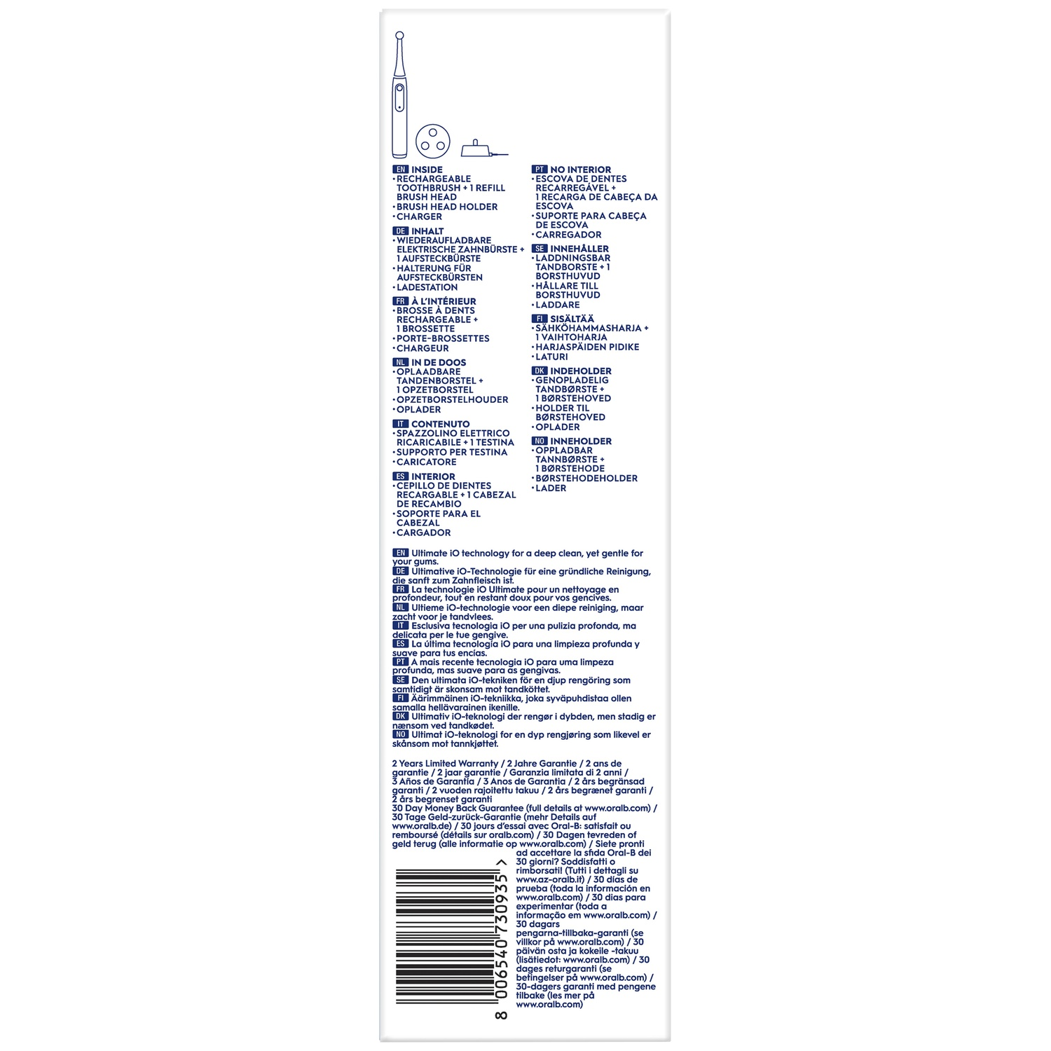Product packaging showing multi-language content lists, warranty details, and barcode.