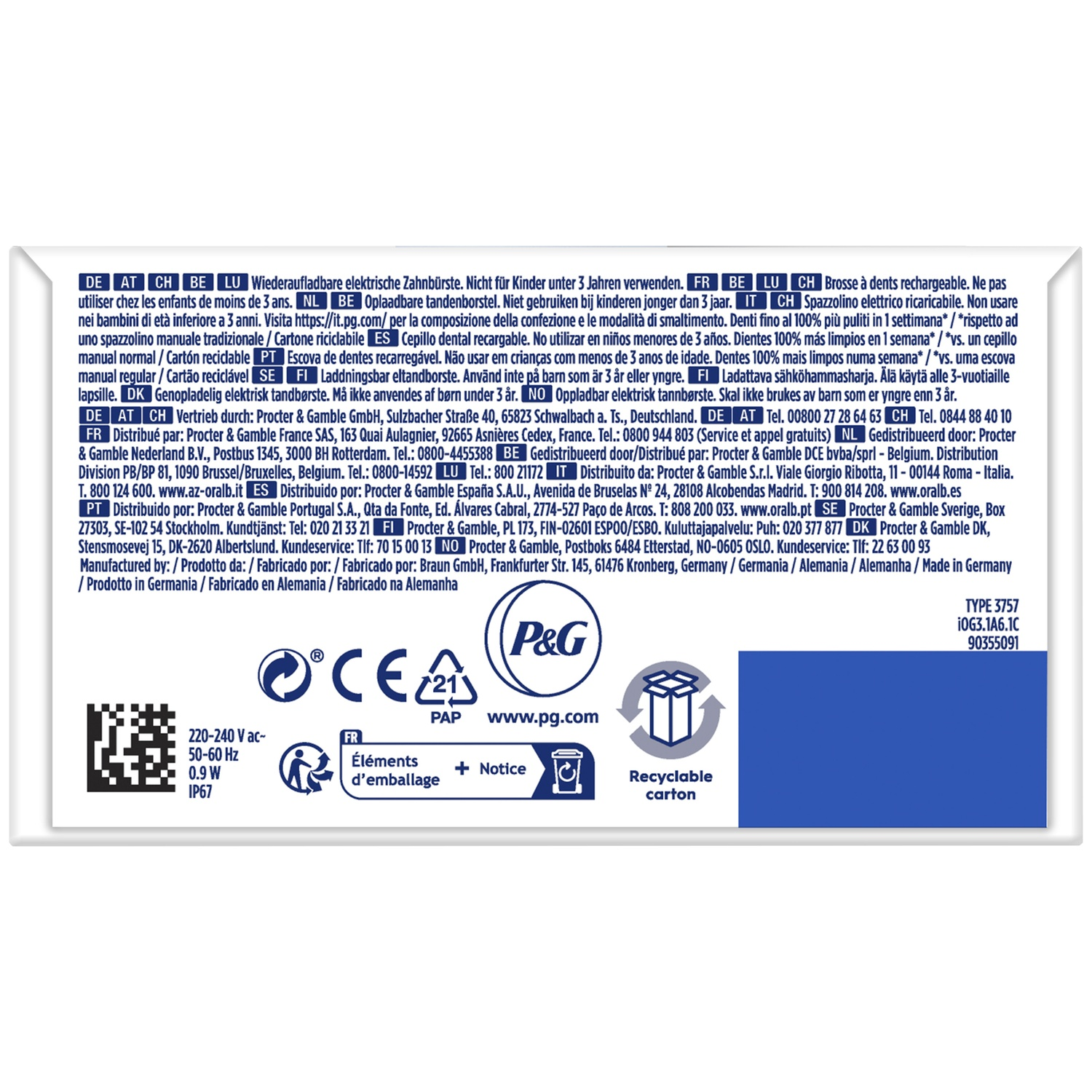 Product label with text, P&G logo, recycling and CE symbols on white and blue background.