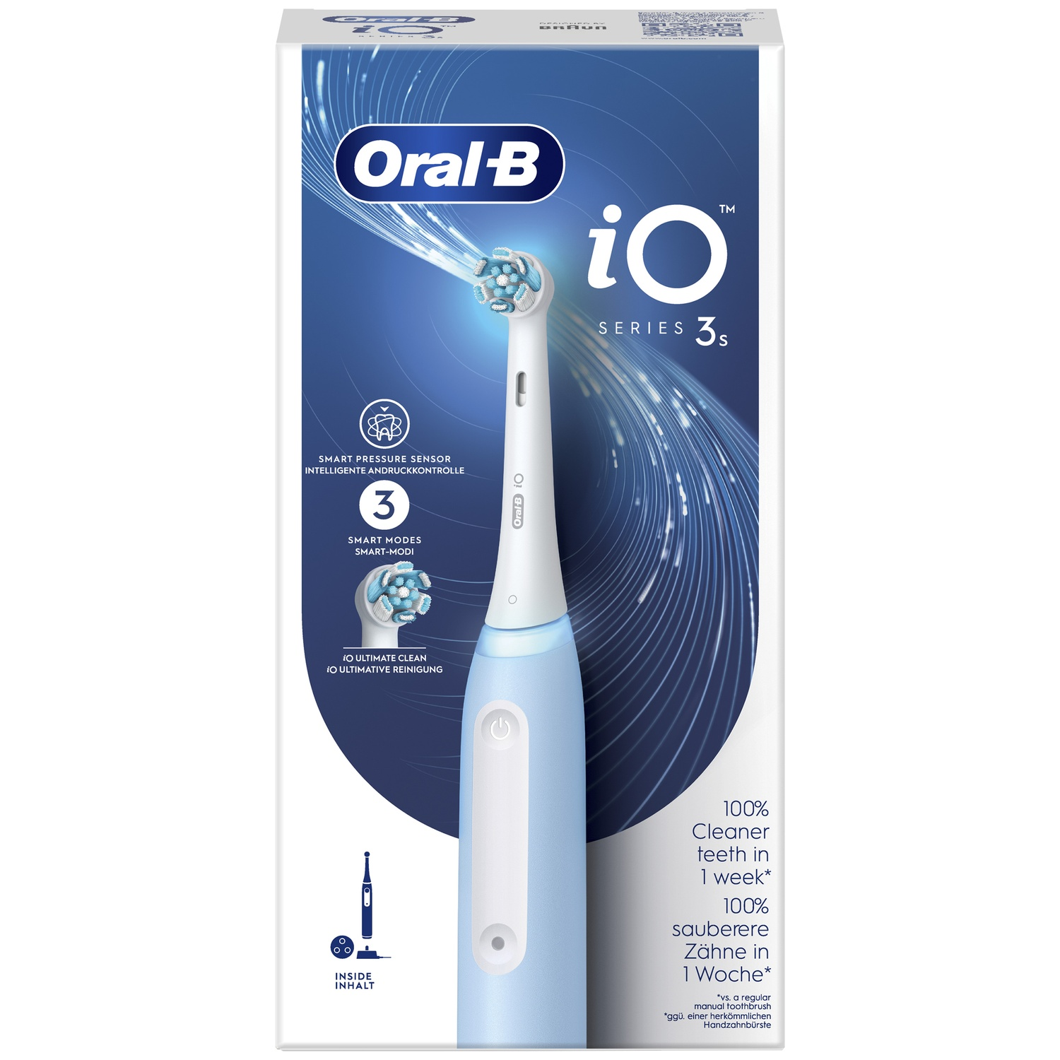 Oral-B iO Series 3 electric toothbrush packaging showing the light blue device and product features.