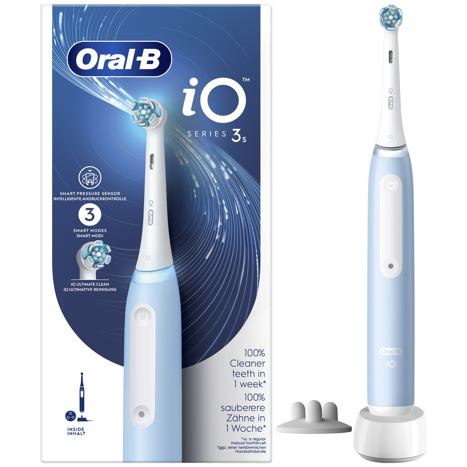 Blue Oral-B iO Series 3s electric toothbrush shown with its packaging, round head, and charger.