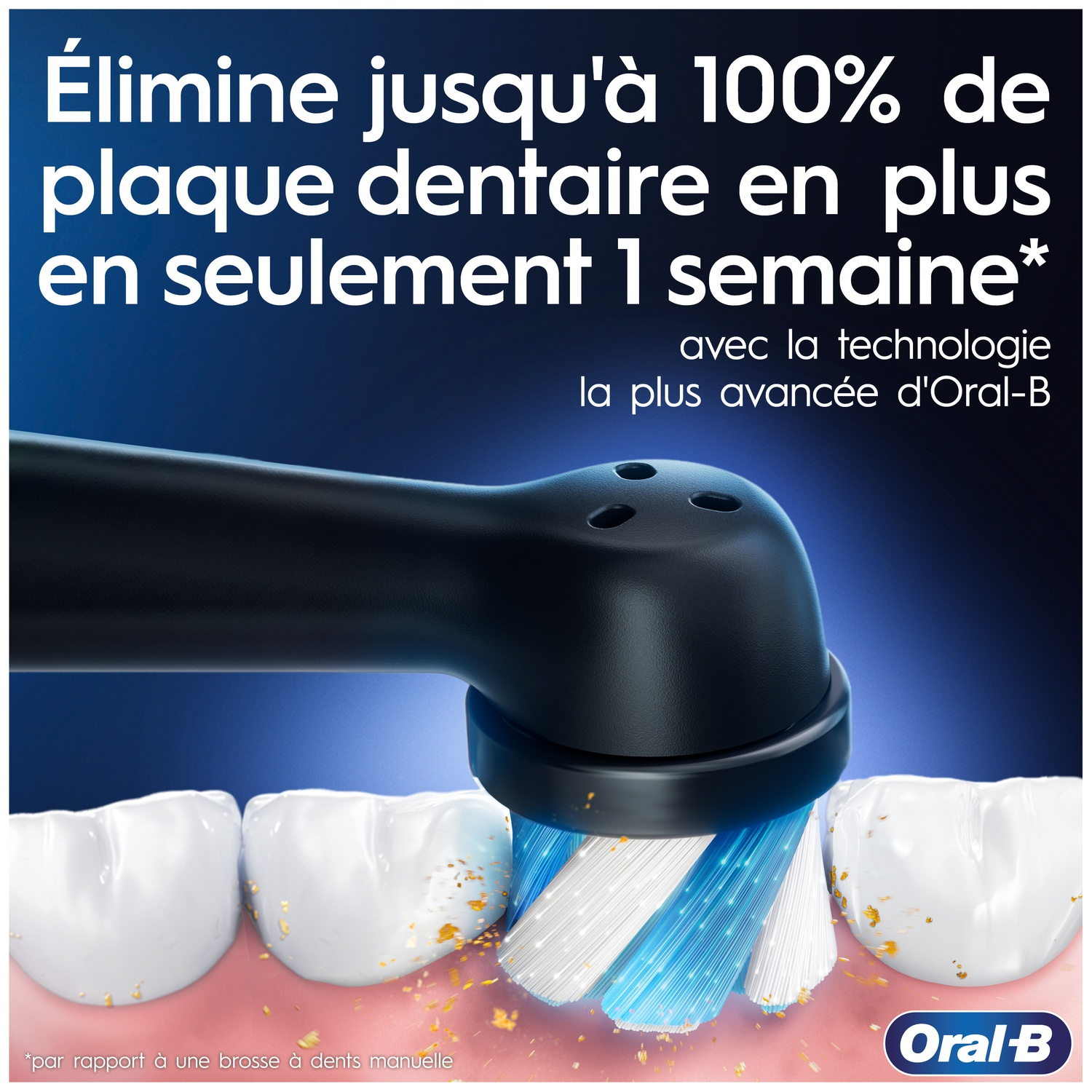 Une brosse à dents Oral-B noire élimine la plaque des dents.