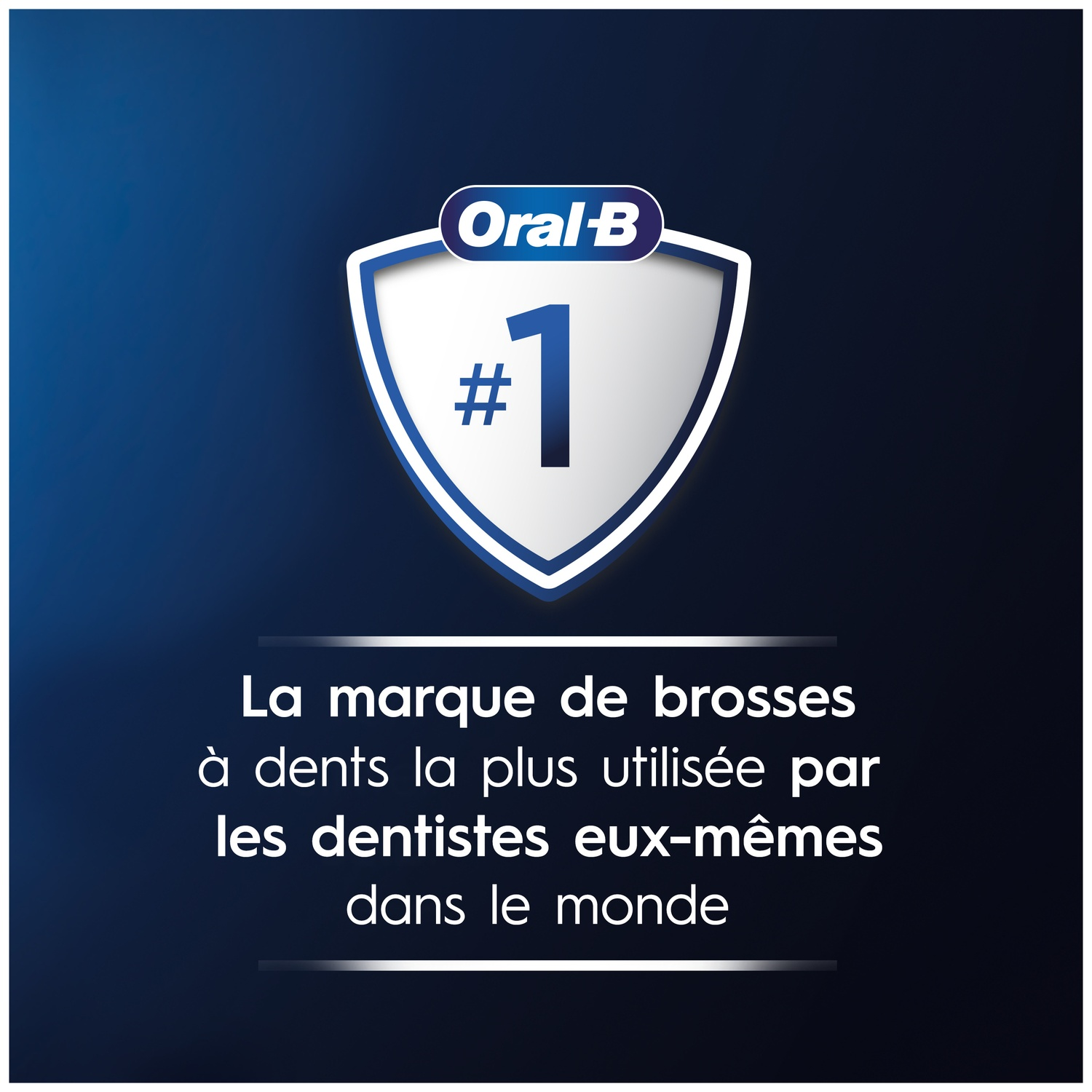 Bouclier Oral-B avec le numéro 1 et du texte sur fond bleu.