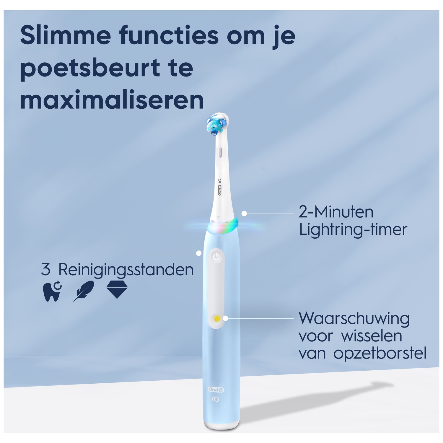 Blue electric toothbrush on blue background highlighting smart features like timer and cleaning modes.