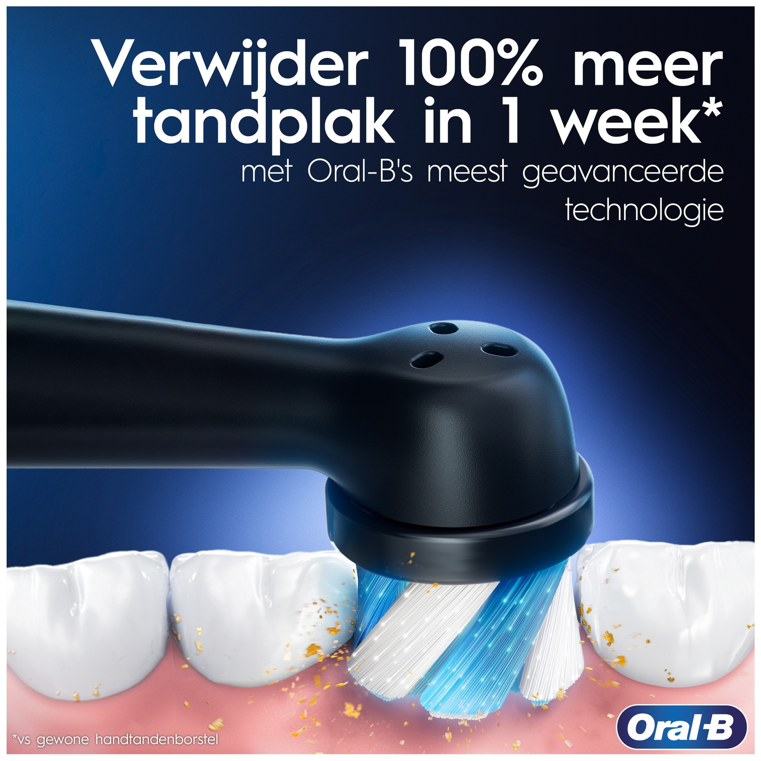 An Oral-B toothbrush cleans plaque from teeth against a blue background with text.