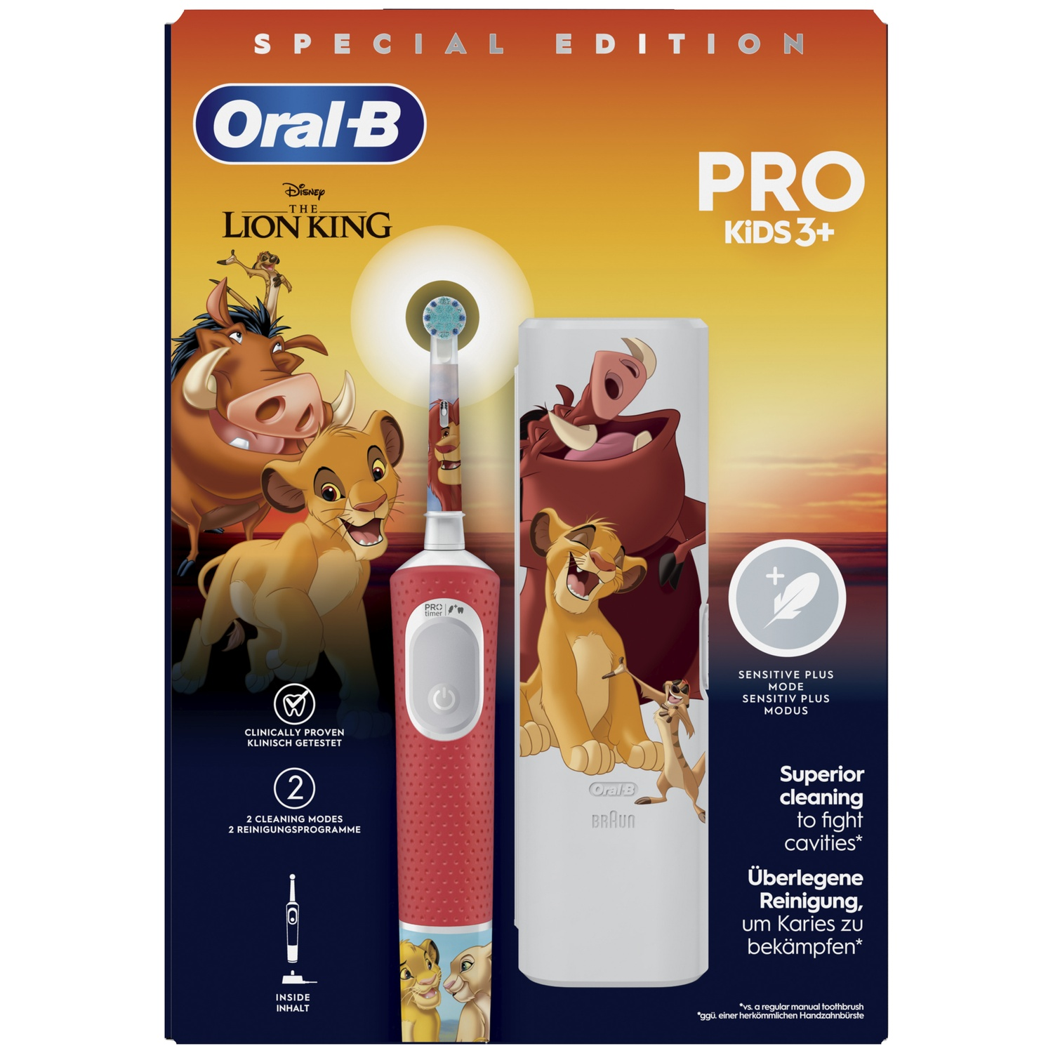 Oral-B Pro Kids 3+ electric toothbrush with Lion King design and matching travel case in packaging.