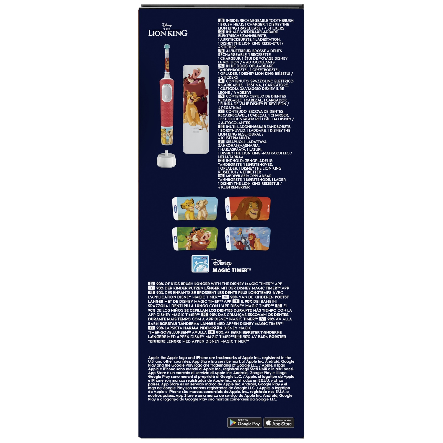 Disney The Lion King kids electric toothbrush box packaging with contents list and app info.