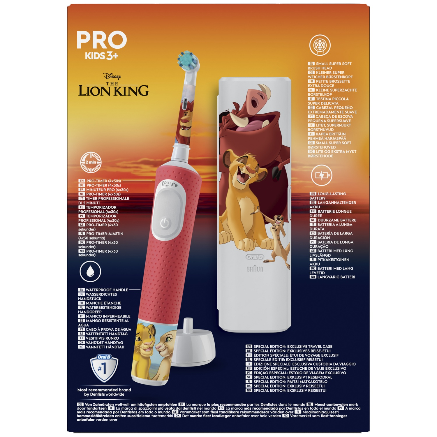 Lion King kids electric toothbrush in red with matching travel case and charging base.