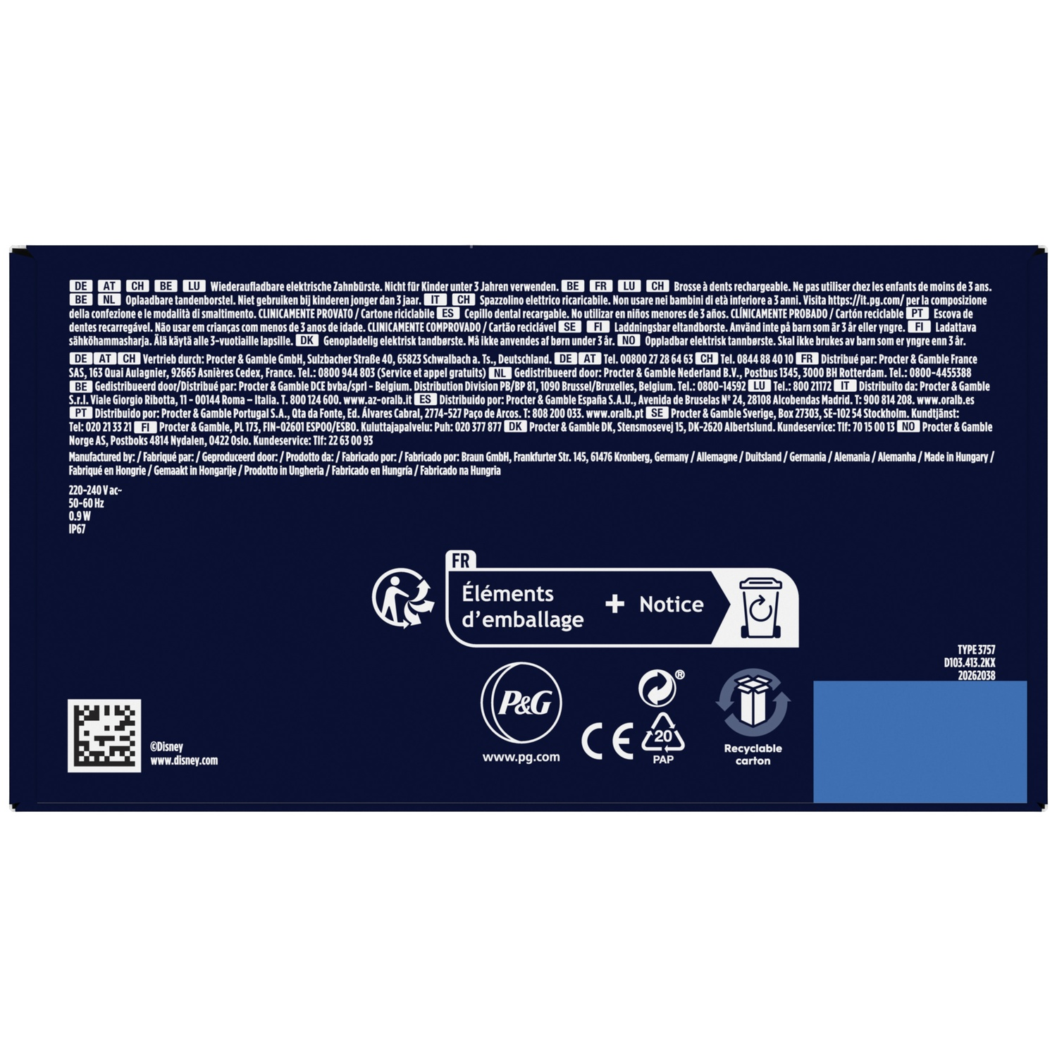 Blue packaging featuring white text, recycling symbols, and manufacturer details on the bottom.