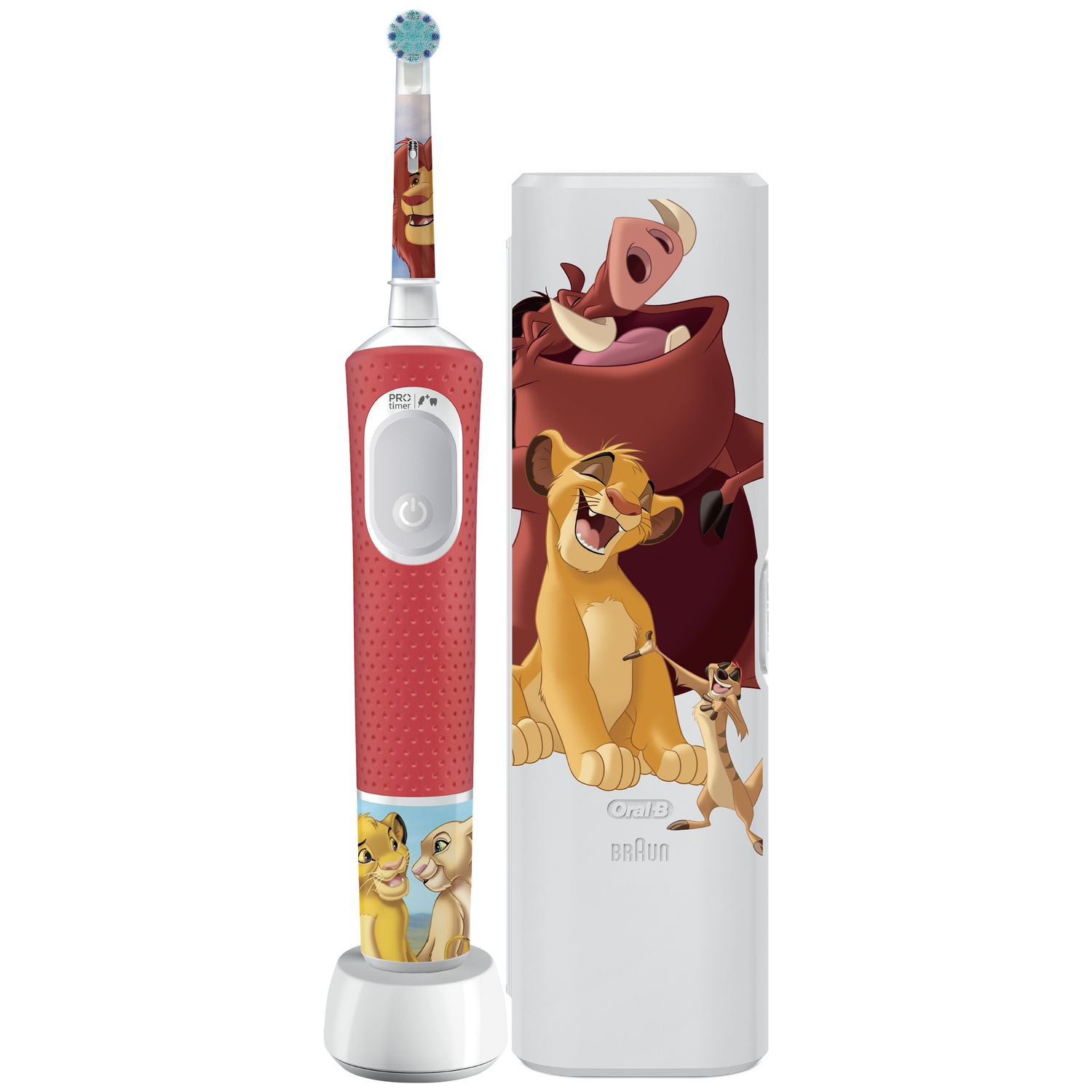 A red Oral-B kids electric toothbrush with a charging base and white travel case featuring The Lion King characters.